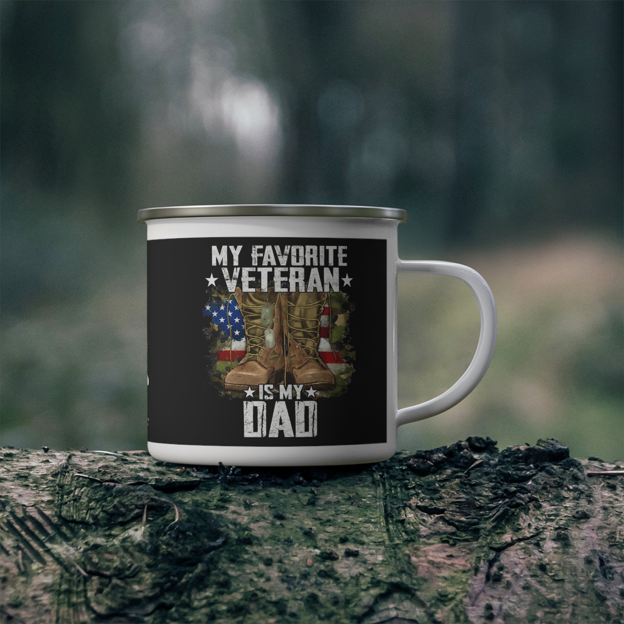 My Favorite Veteran Is My Dad Coffee Cup – Military Boots Patriotic Enamel Cup