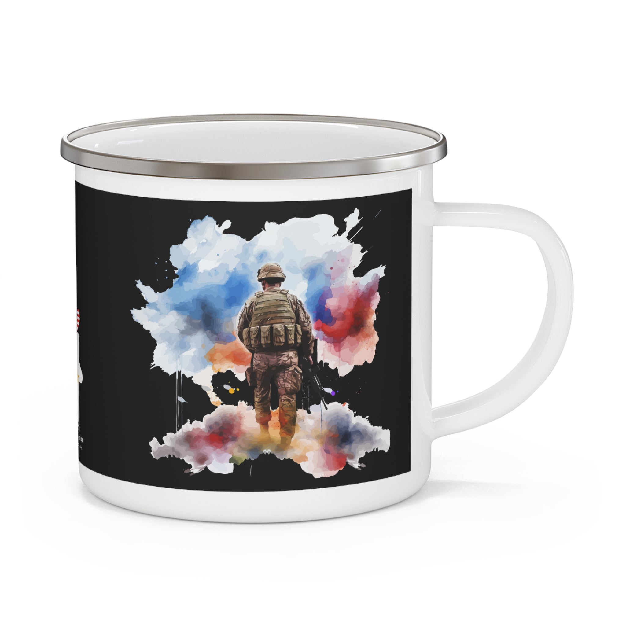 Dark Watercolor Soldier Coffee Cup – Patriotic Reflection Enamel Cup
