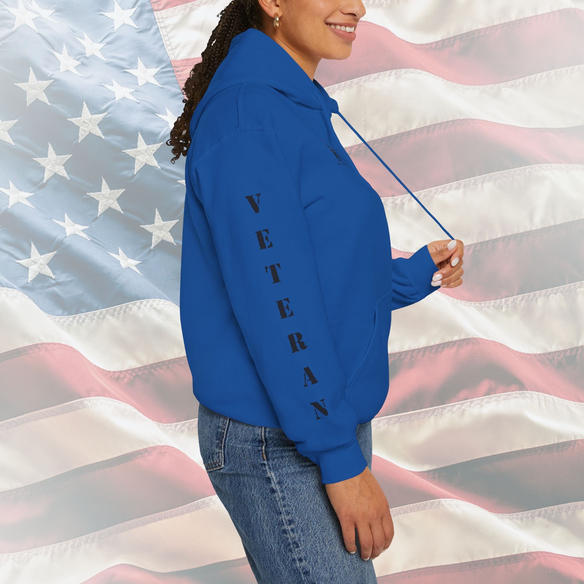 “God Bless Our Veterans” American Flag Boots Patriotic Veteran Sleeve Hoodie