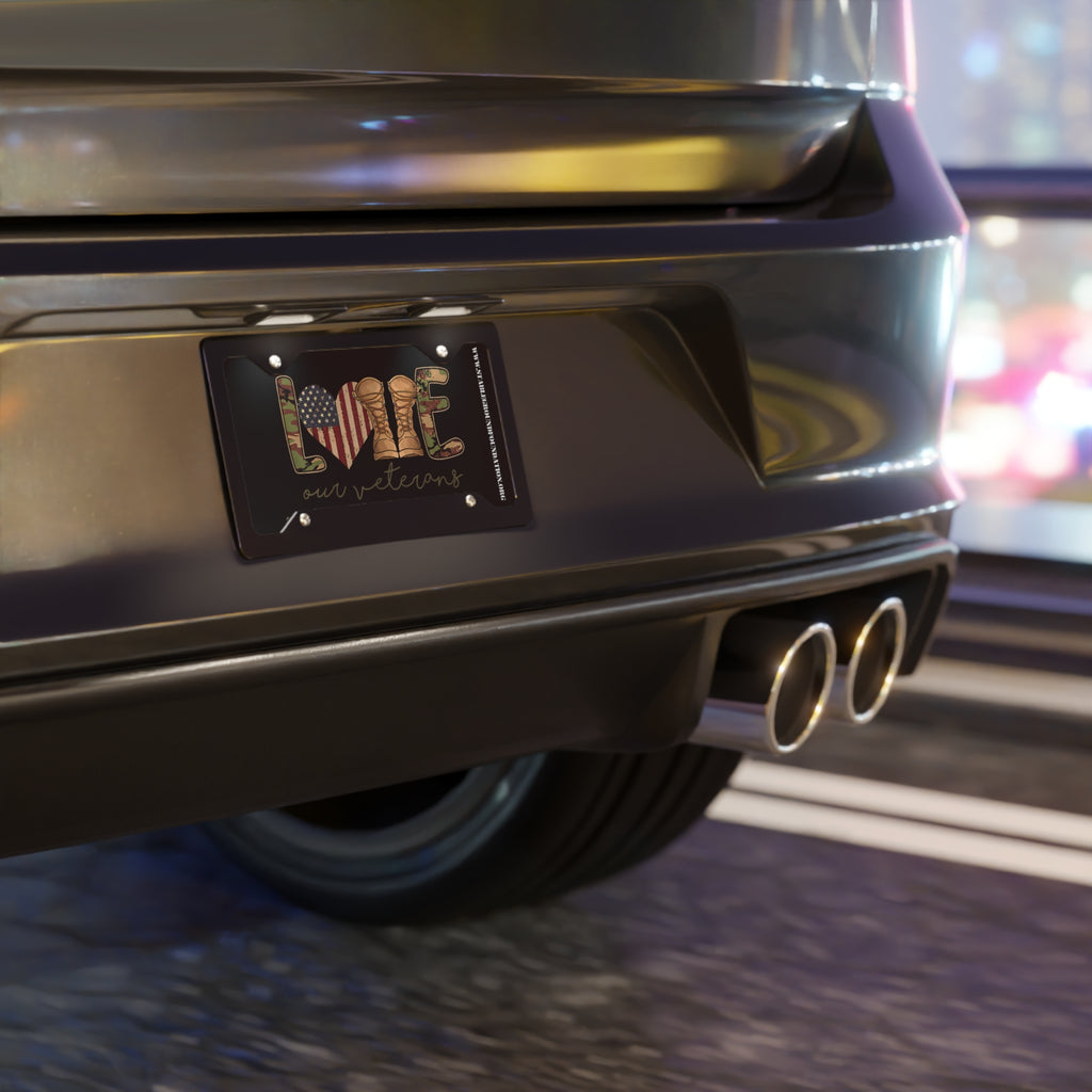 Love Our Veterans – Black Patriotic Boots & Flag License Plate
