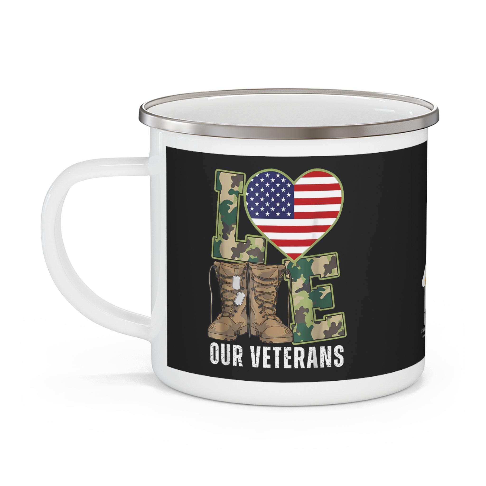 “Love Our Veterans” Enamel Mug with Camo Letters, American Flag Heart, and Combat Boots