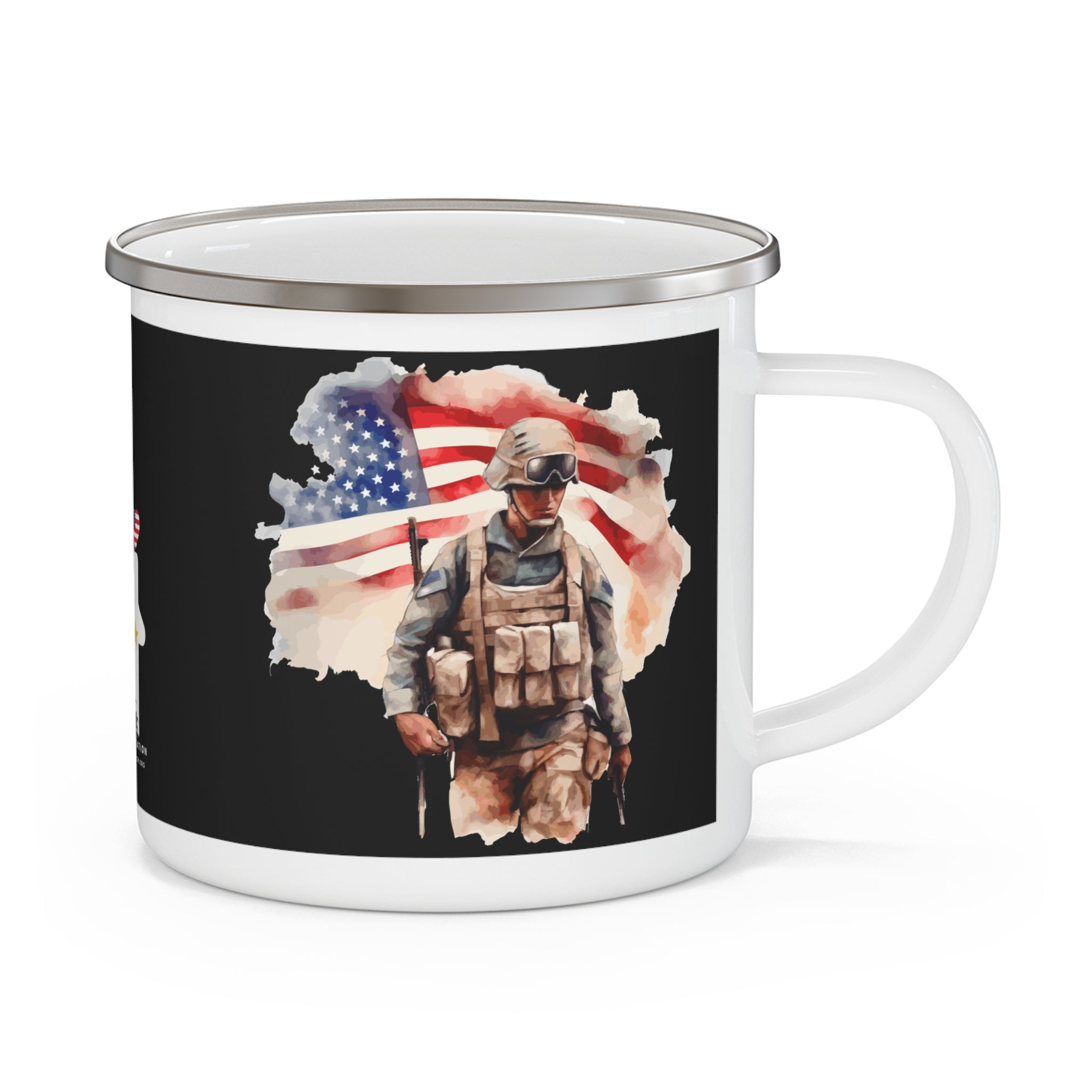 American Flag Soldier Coffee Cup – Patriotic Warrior Tribute Enamel Cup