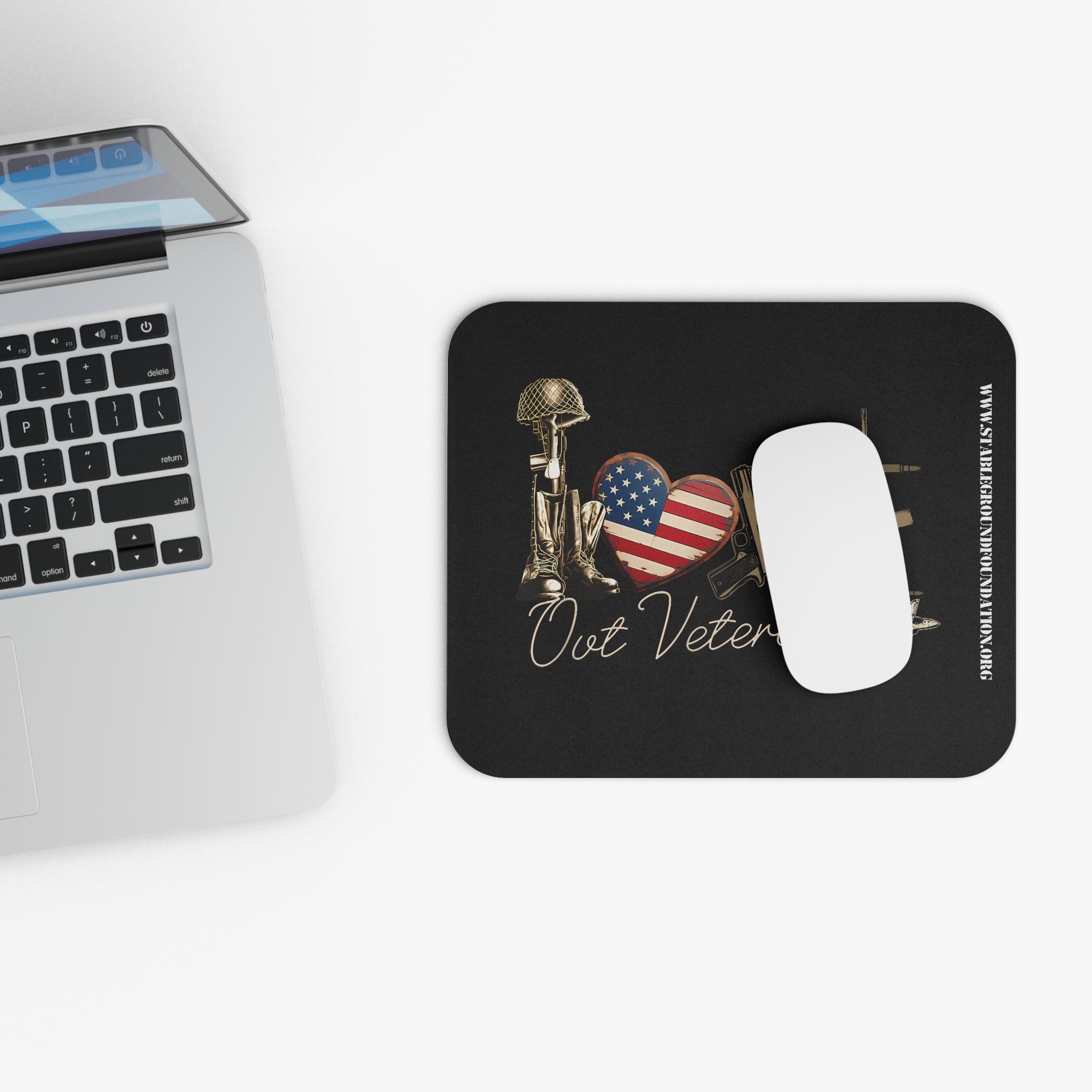 Love Our Veterans – Rifle, Helmet & Flag Heart Mouse Pad