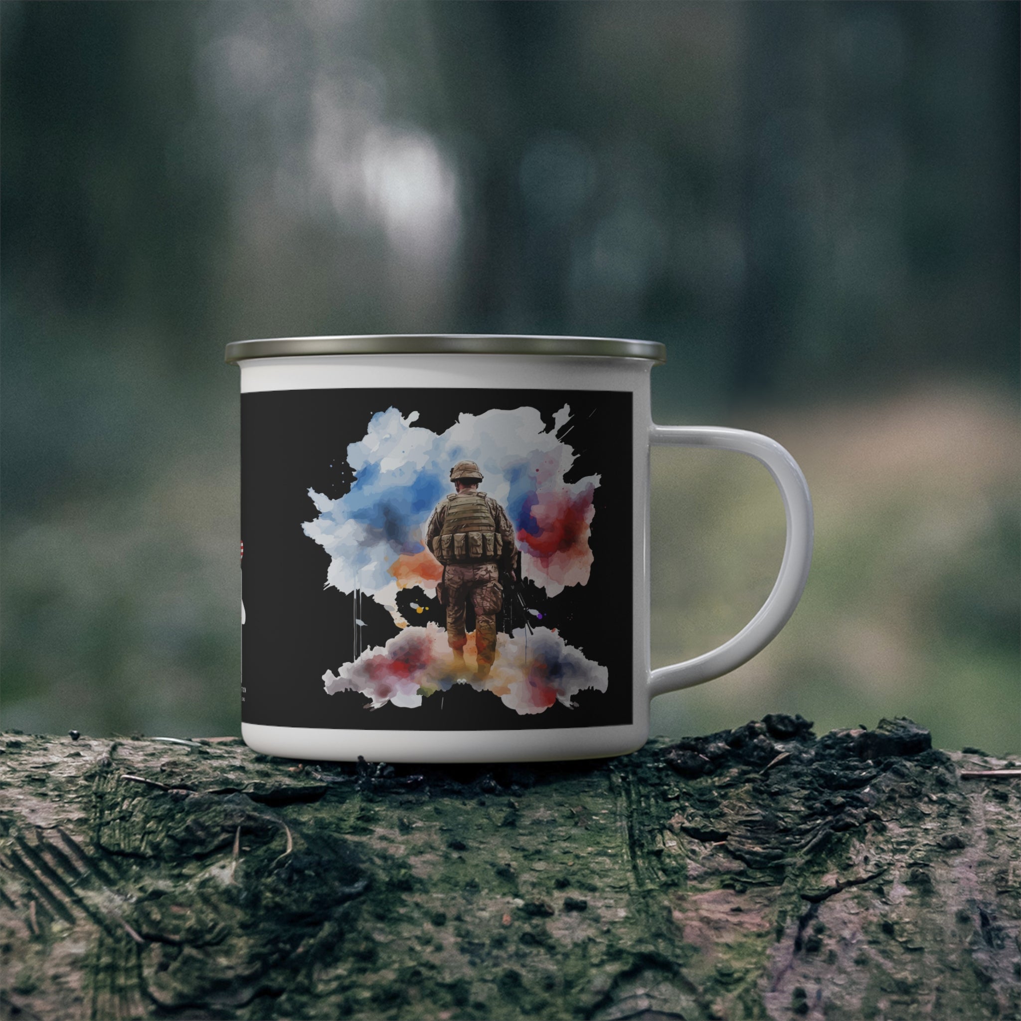 Dark Watercolor Soldier Coffee Cup – Patriotic Reflection Enamel Cup