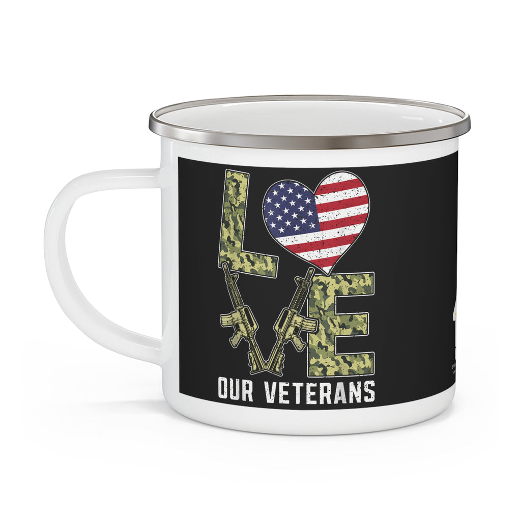 Love Our Veterans Enamel Mug – Patriotic American Flag Coffee Cup