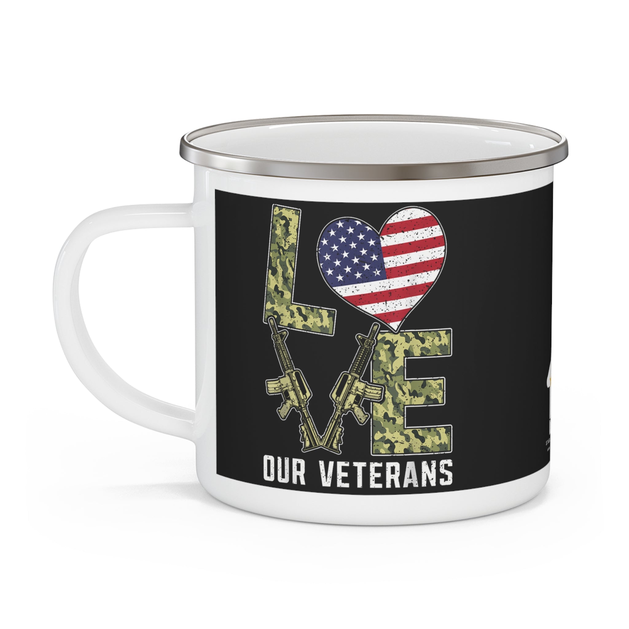 Love Our Veterans Enamel Mug – Patriotic American Flag Coffee Cup
