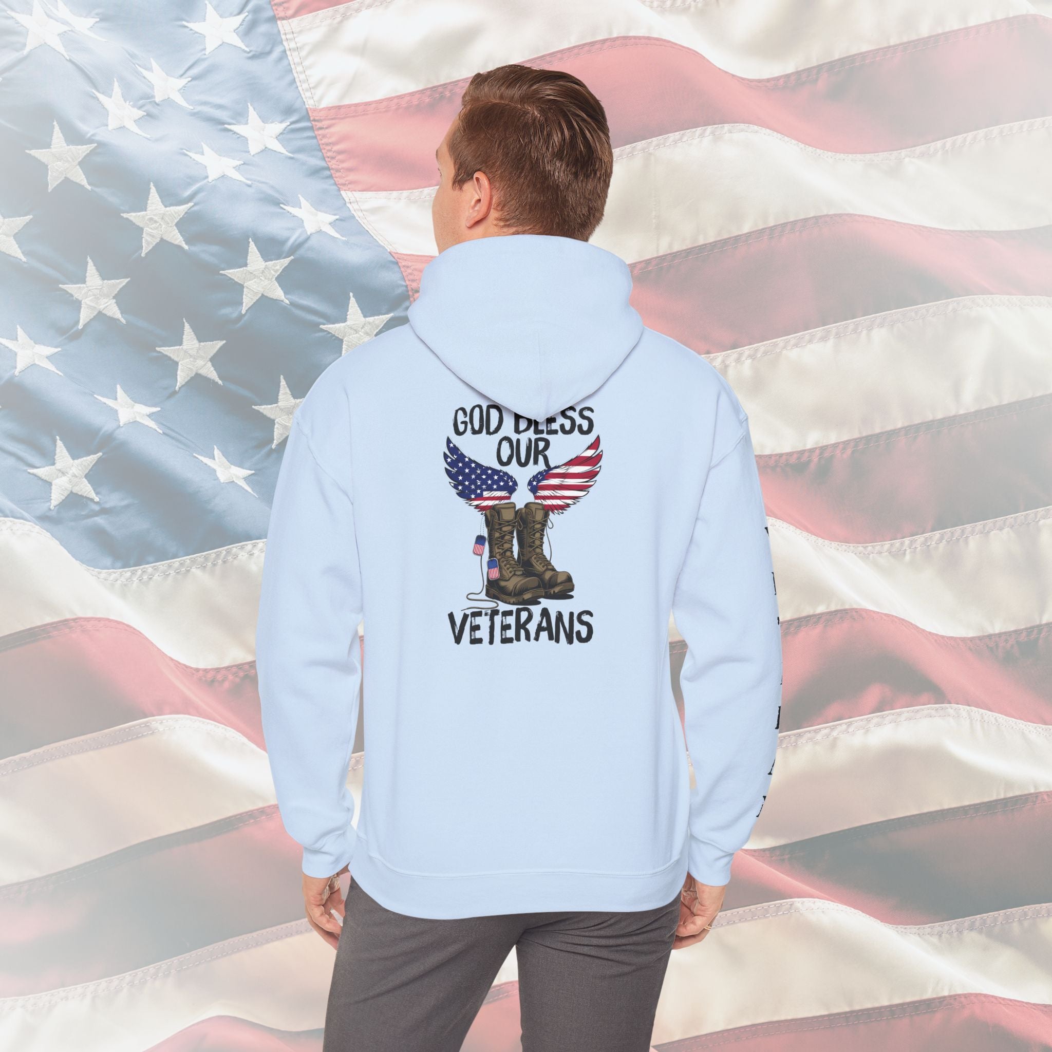 “God Bless Our Veterans” American Flag Boots Patriotic Veteran Sleeve Hoodie