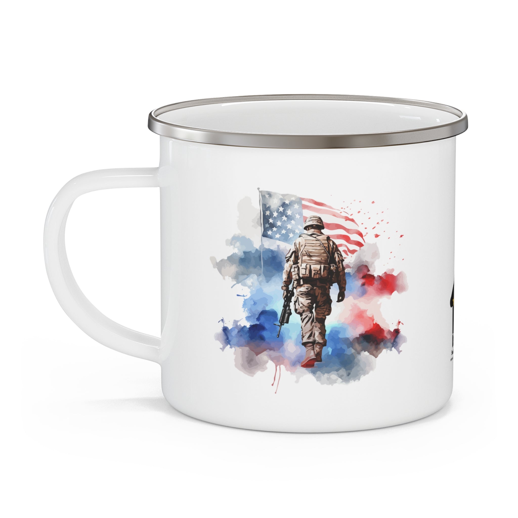 White Watercolor Soldier Coffee Cup – Patriotic Flag Tribute Enamel Cup