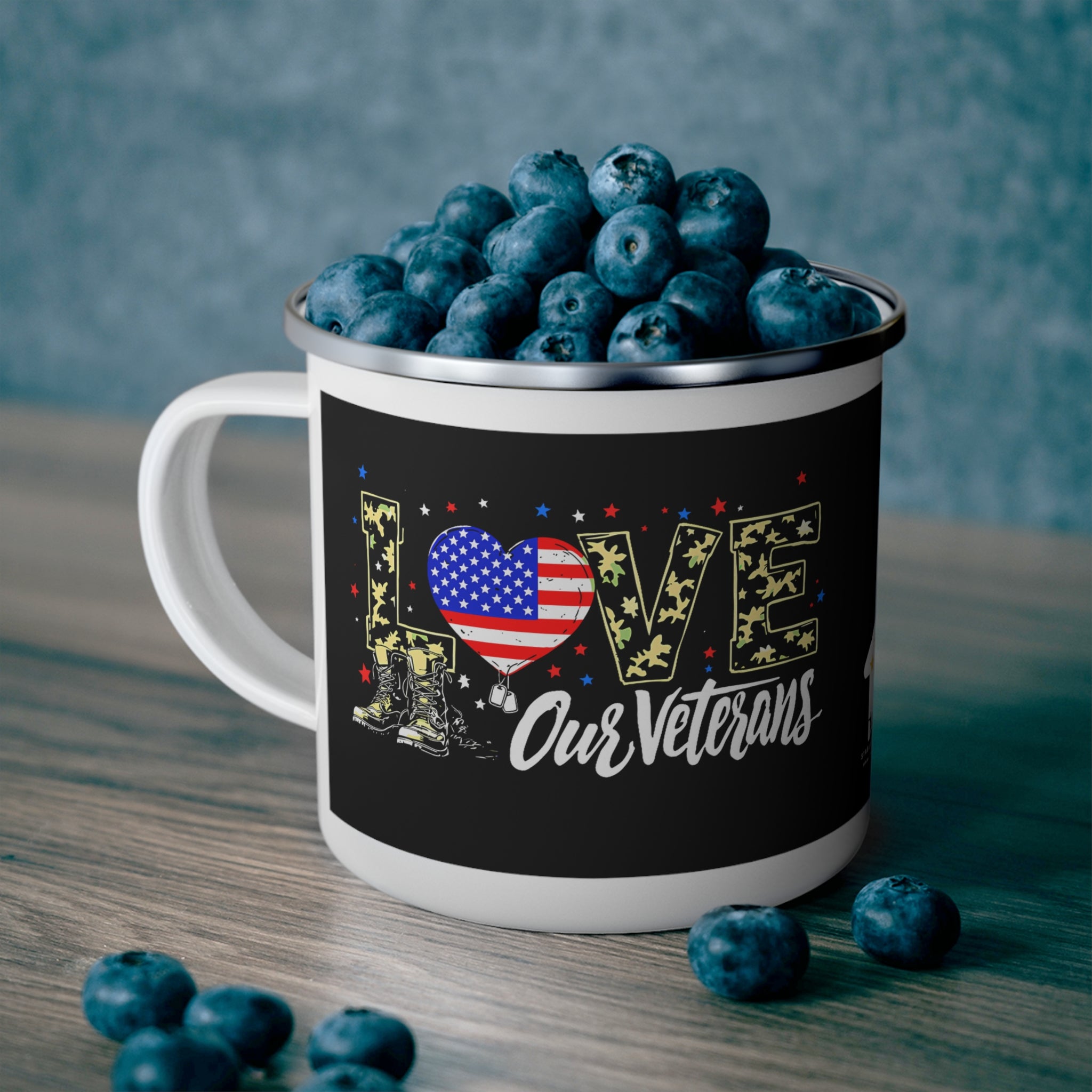“Love Our Veterans” Enamel Mug with Camo Letters and American Flag Heart – Black Background