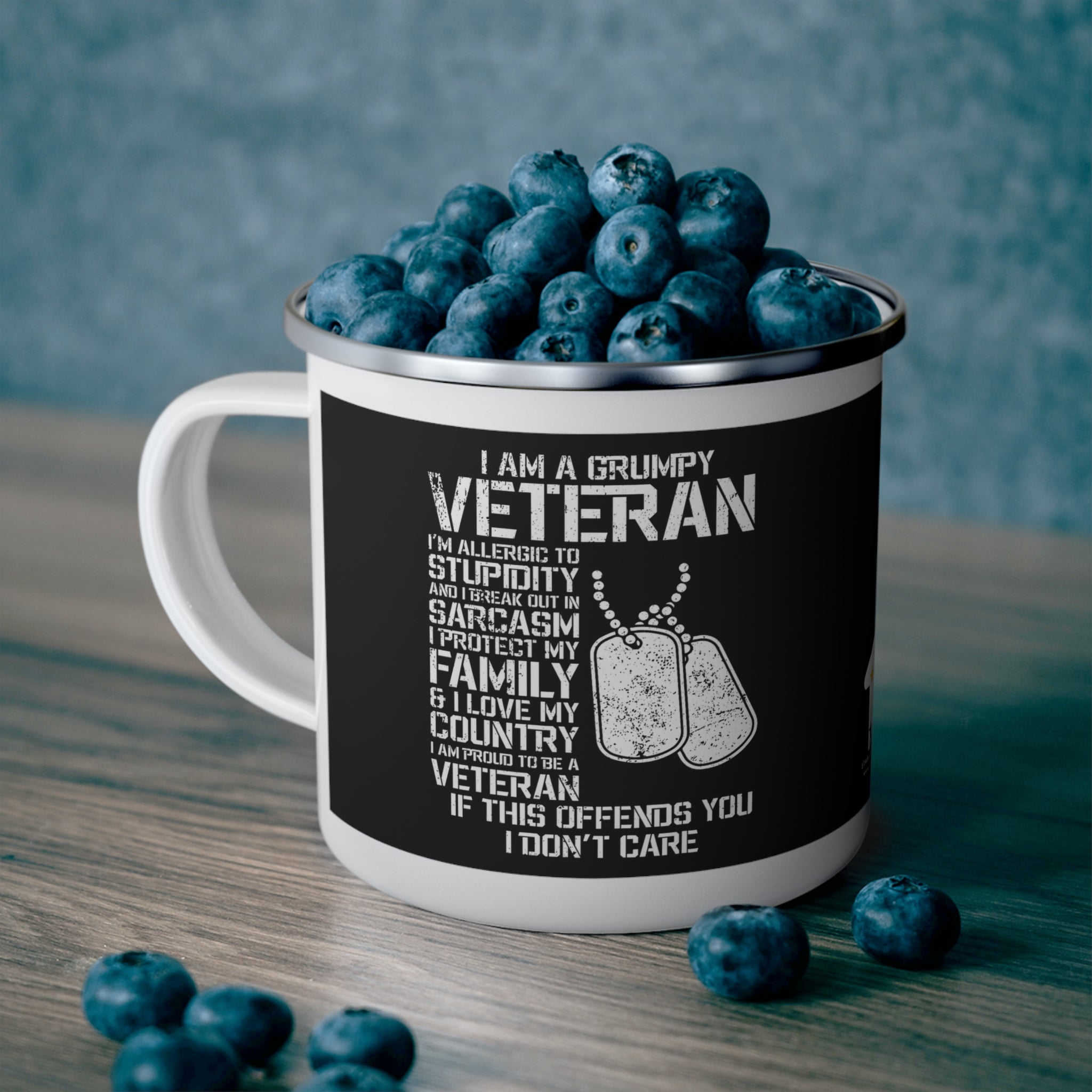 Grumpy Veteran Enamel Mug – Patriotic Military Coffee Cup with Dog Tags