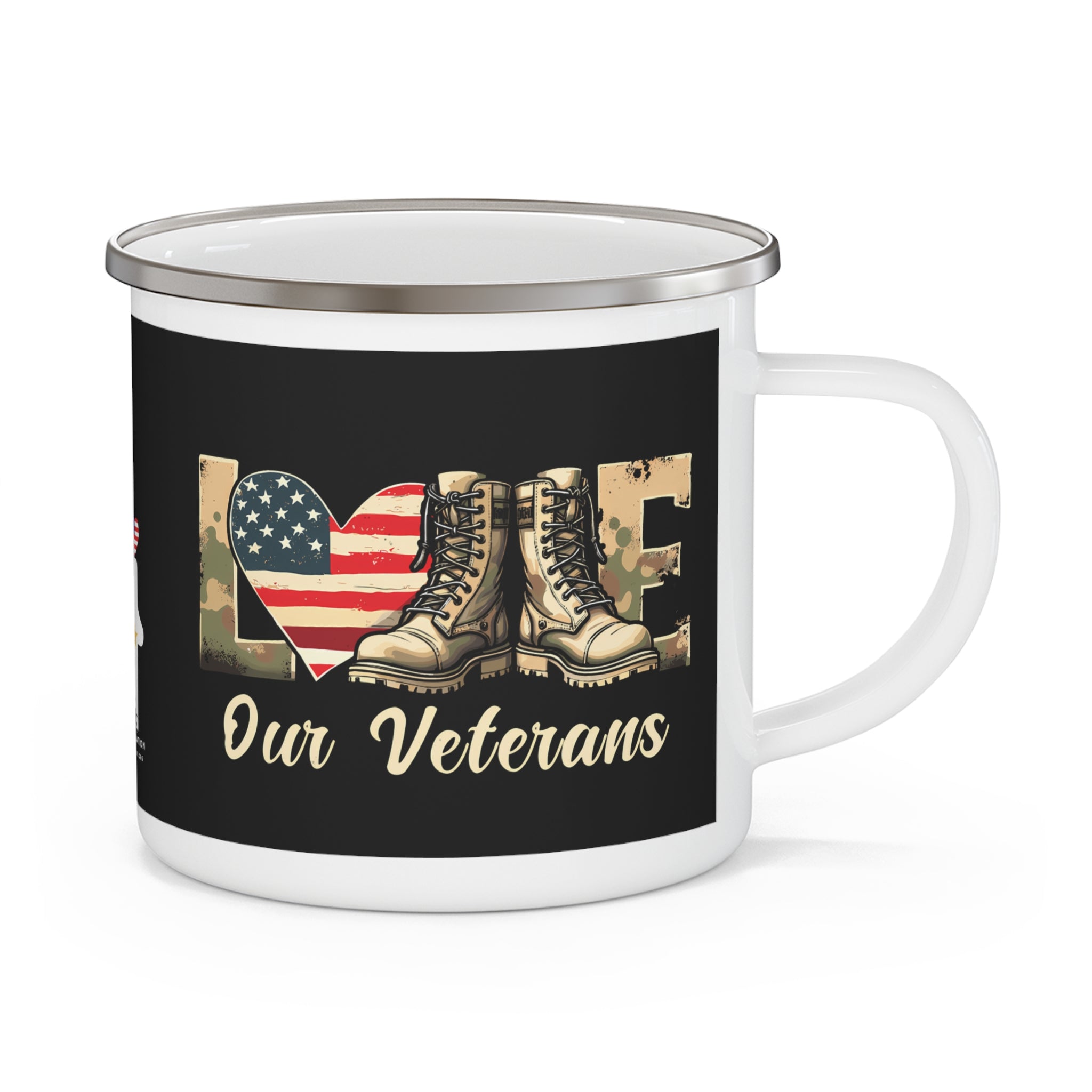 “Love Our Veterans” Enamel Mug with American Flag Heart and Combat Boots Design