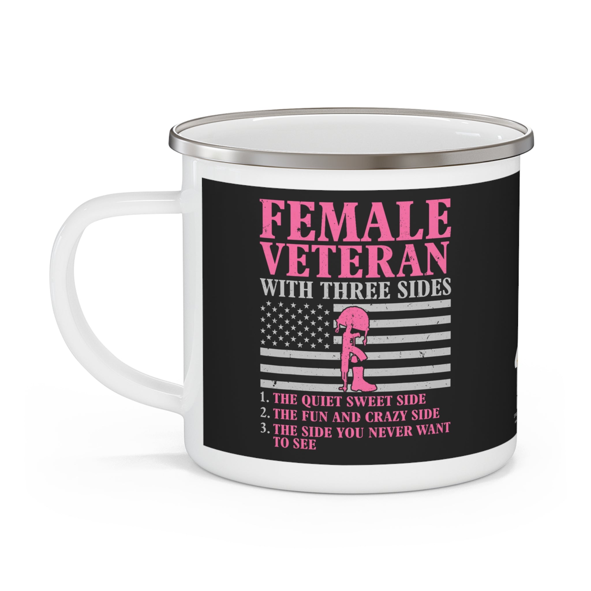 Female Veteran with Three Sides Enamel Mug – Funny Patriotic Coffee Cup
