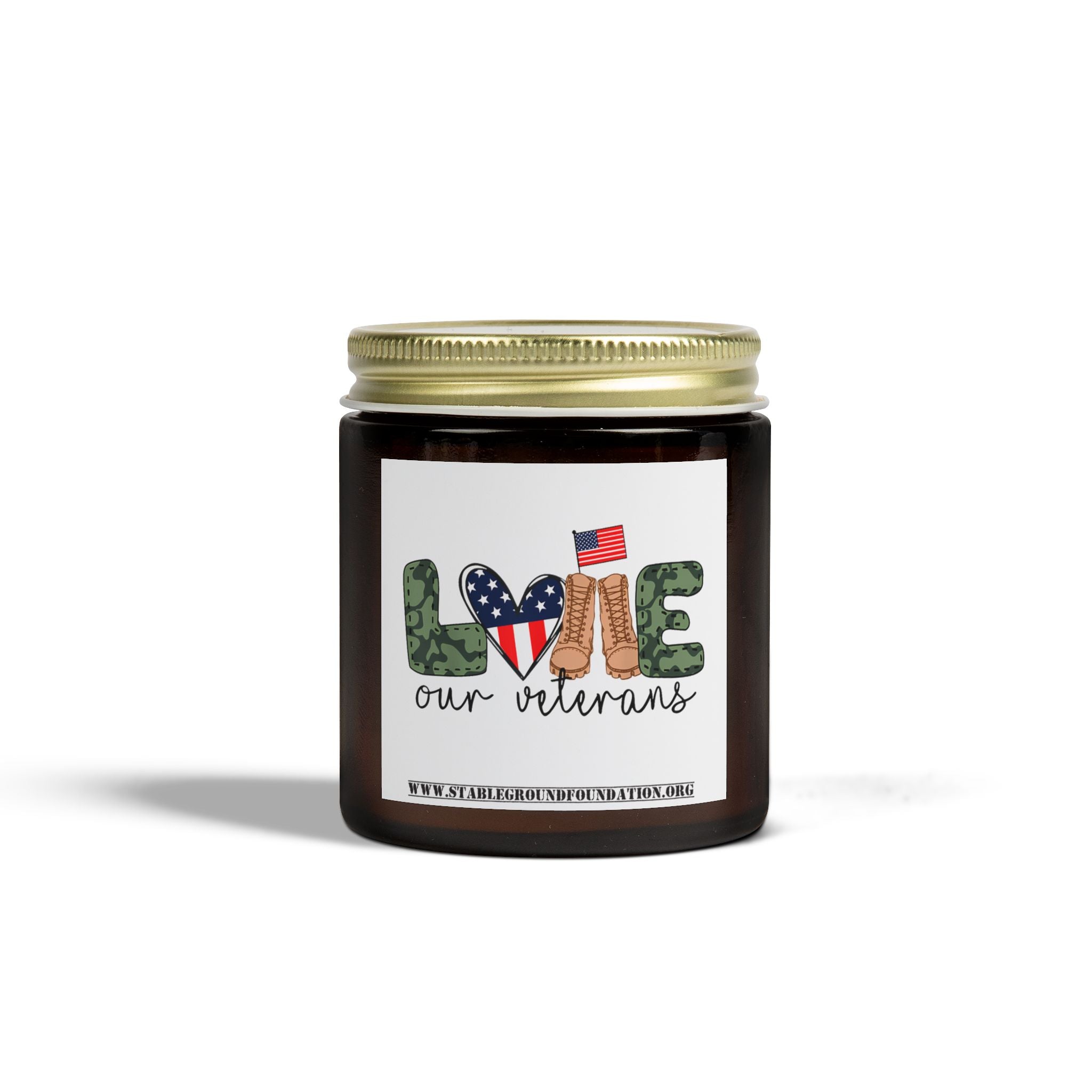 Love Our Veterans Candle – Patriotic Flag Heart and Camo Boots Tribute Candle