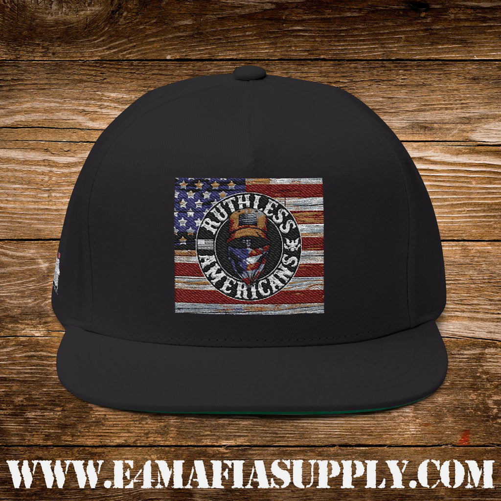 Patriotic “Ruthless Americans” Flat Bill Cap with Eagle and American Flag