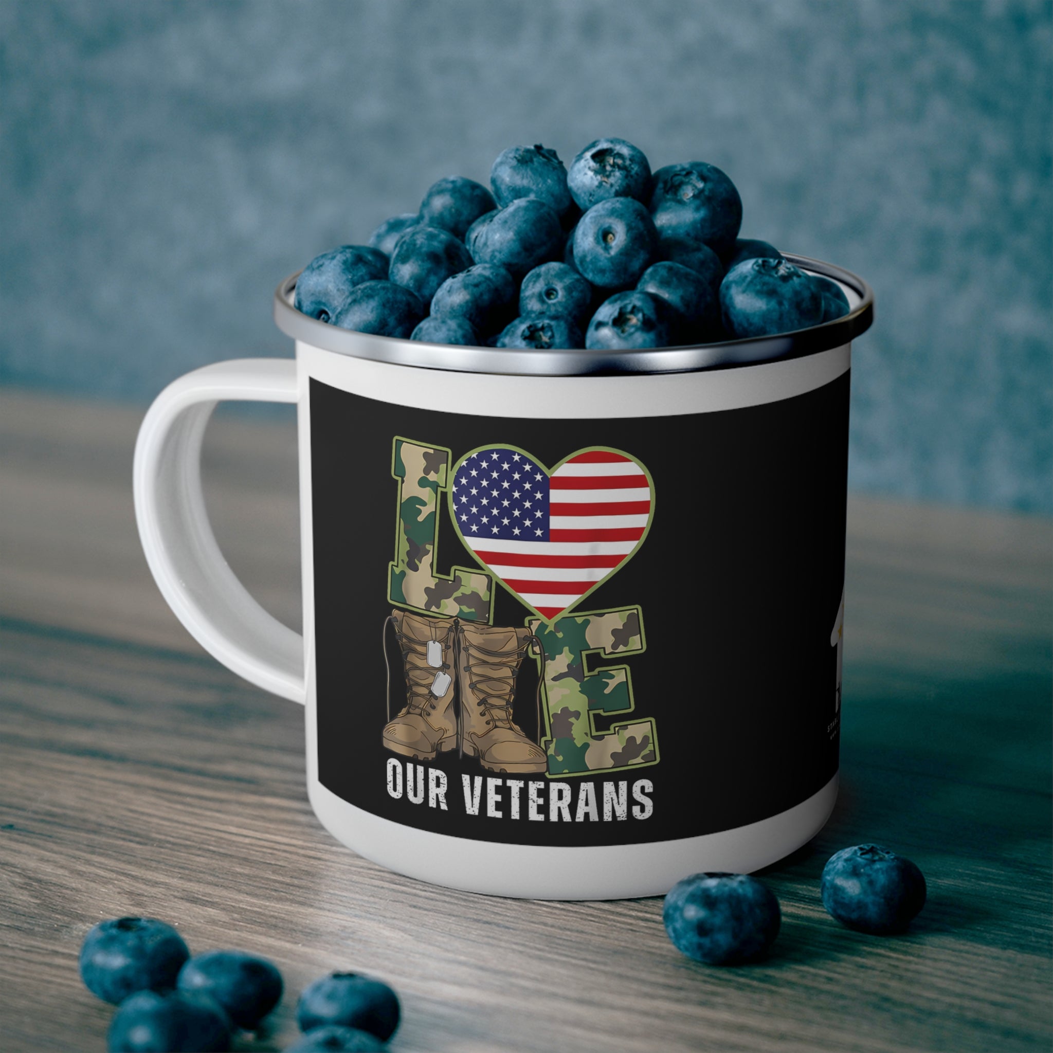 “Love Our Veterans” Enamel Mug with Camo Letters, American Flag Heart, and Combat Boots