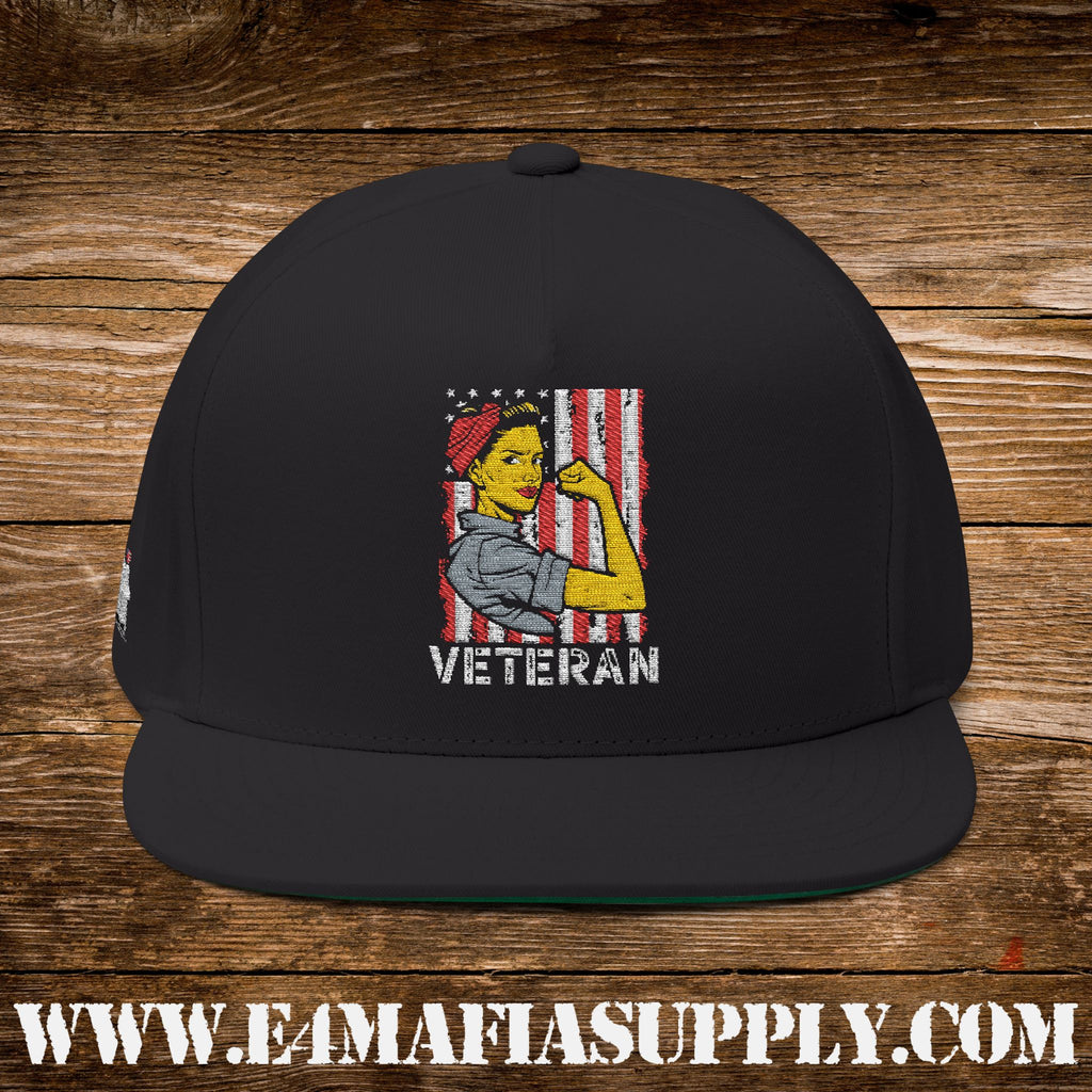 Patriotic “Rosie the Riveter Veteran” Flat Bill Cap with American Flag Background