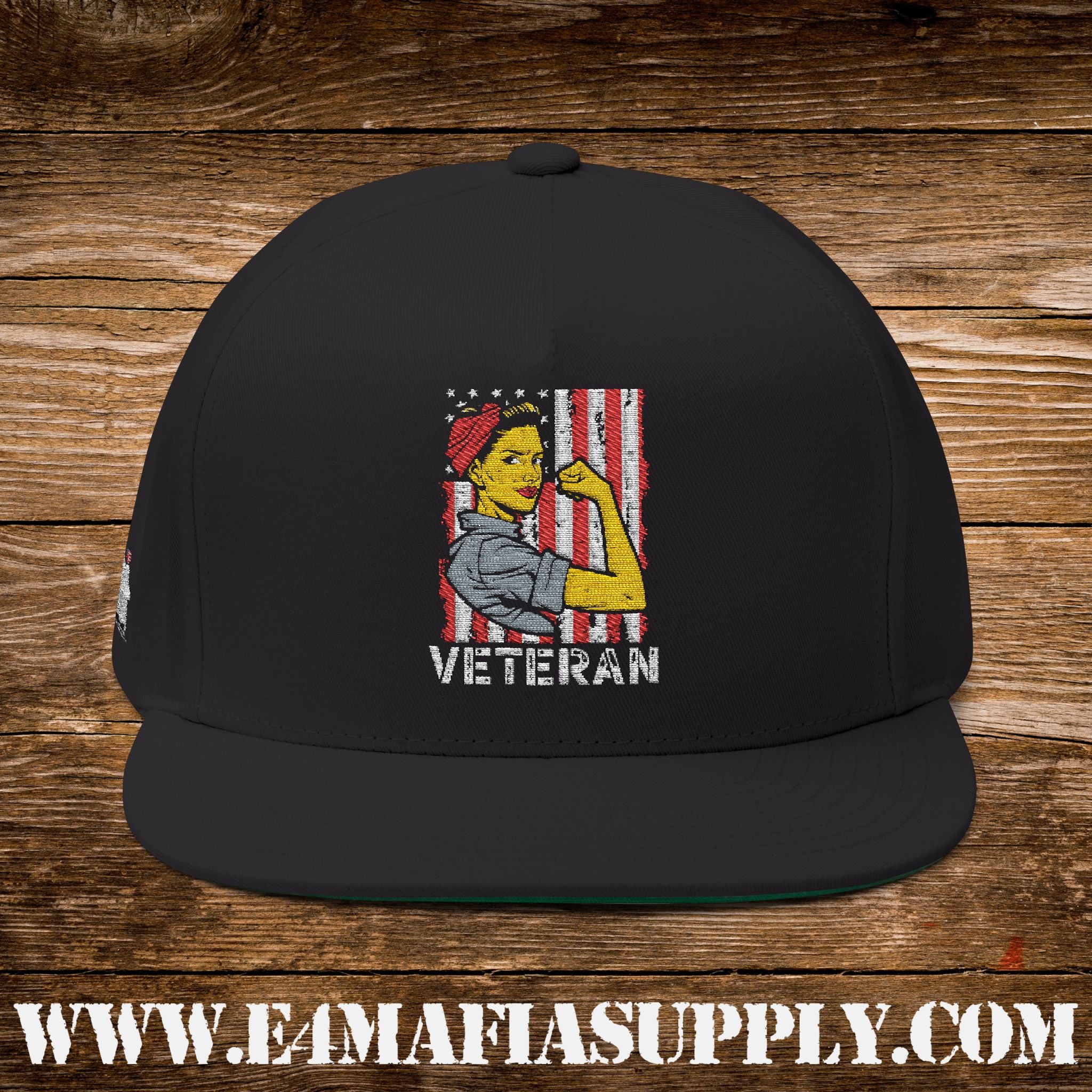Patriotic “Rosie the Riveter Veteran” Flat Bill Cap with American Flag Background