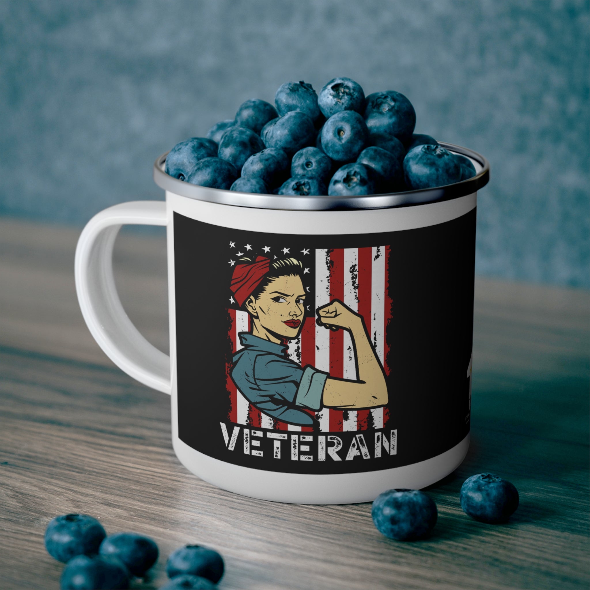 Female Veteran Enamel Mug – Rosie-Style American Flag Patriotic Coffee Cup