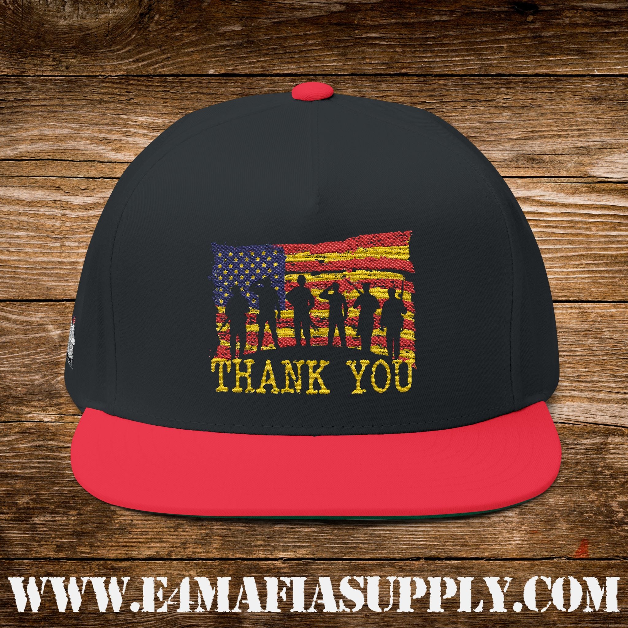 Patriotic “Thank You Veterans” Flat Bill Cap with American Flag and Soldier Silhouette