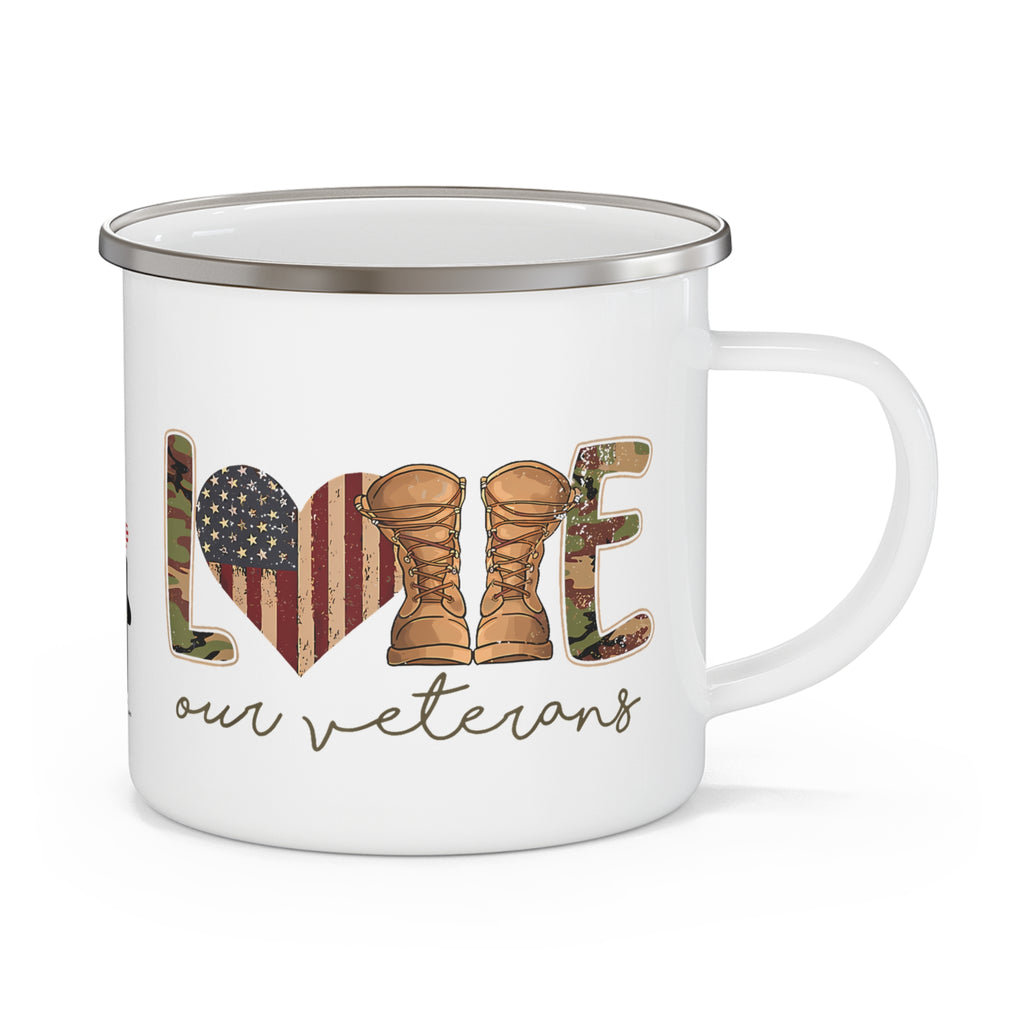 “Love Our Veterans” Enamel Mug with Rustic American Flag Heart and Combat Boots Design