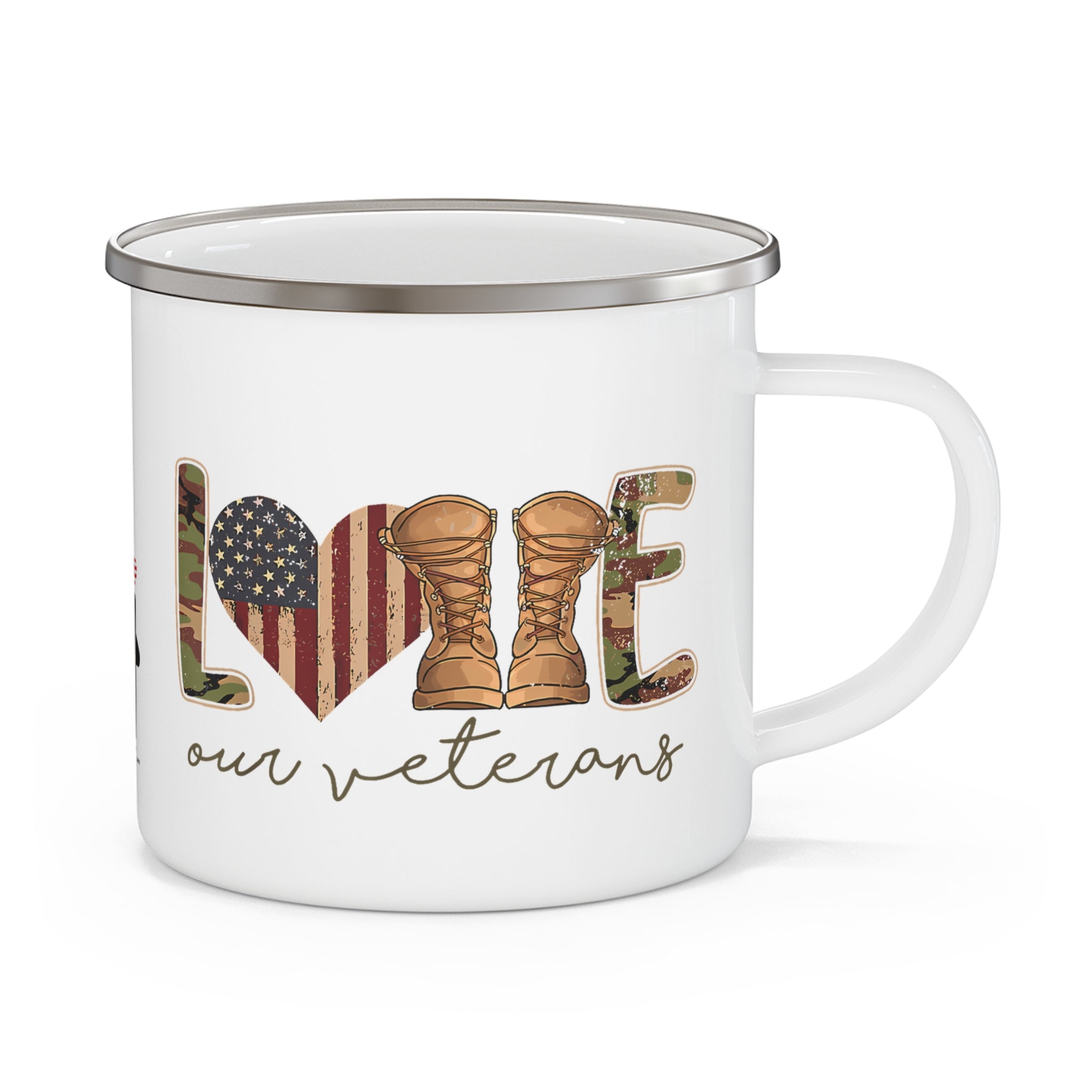 “Love Our Veterans” Enamel Mug with Rustic American Flag Heart and Combat Boots Design