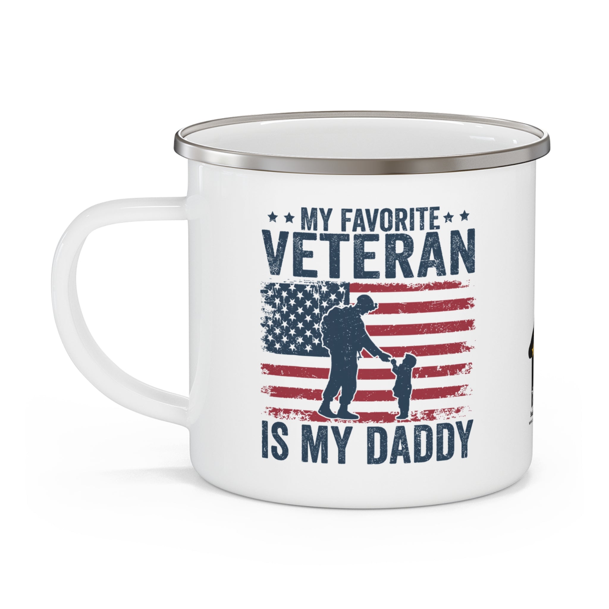 “My Favorite Veteran Is My Daddy” Enamel Mug with American Flag and Father–Child Silhouette