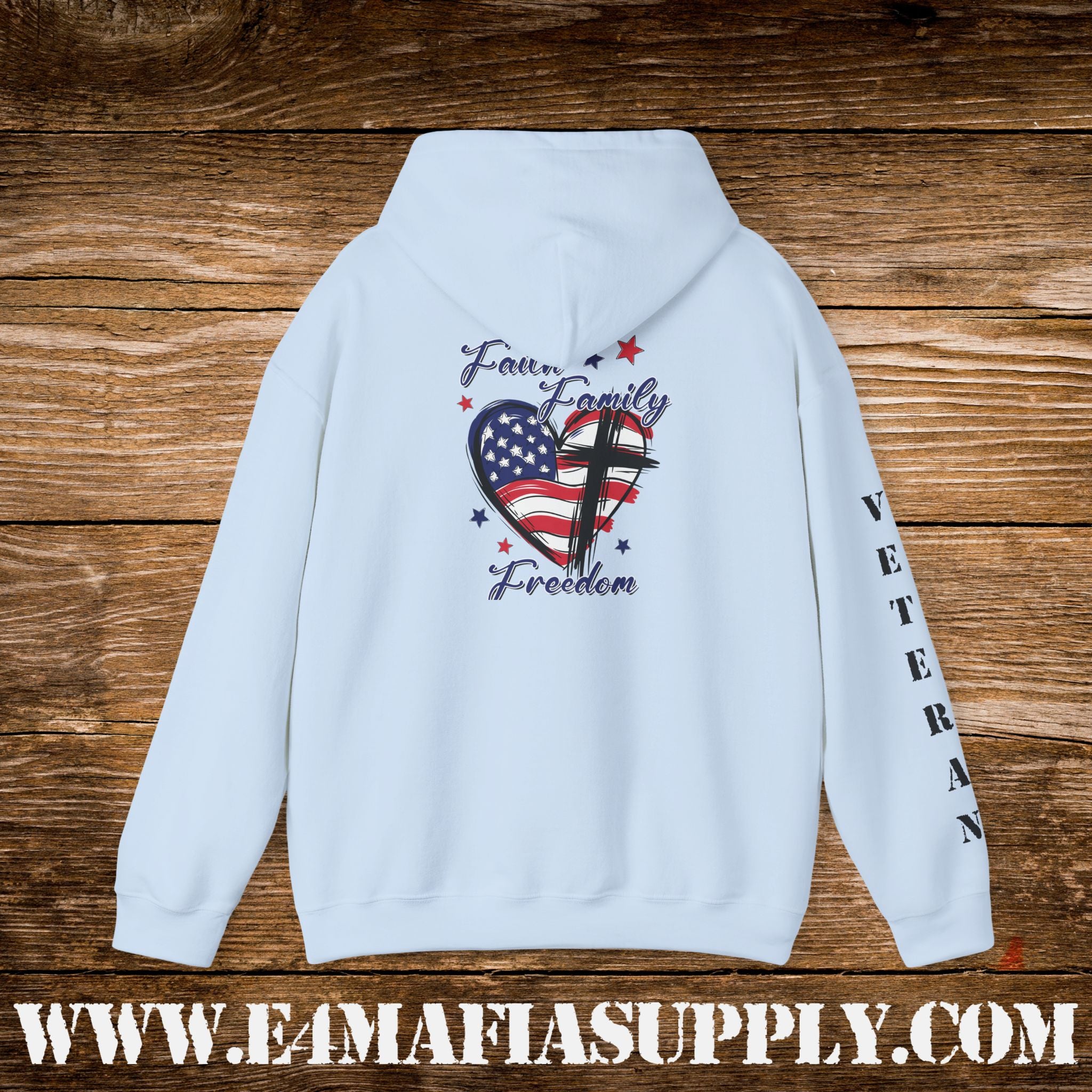 “Faith Family Freedom” American Flag Heart Patriotic Veteran Hoodie