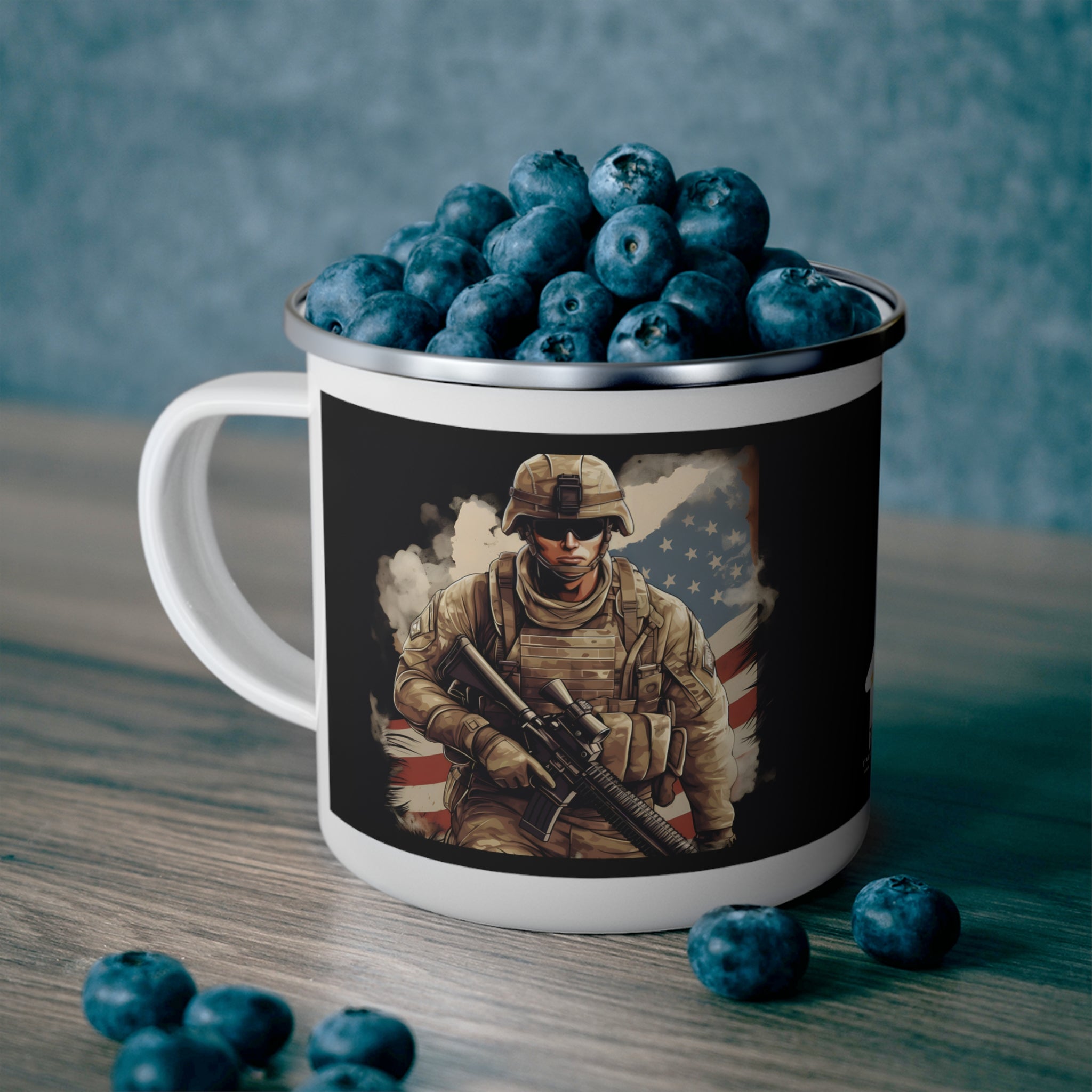Patriotic Soldier Enamel Mug with American Flag Background – Veteran Tribute Coffee Cup