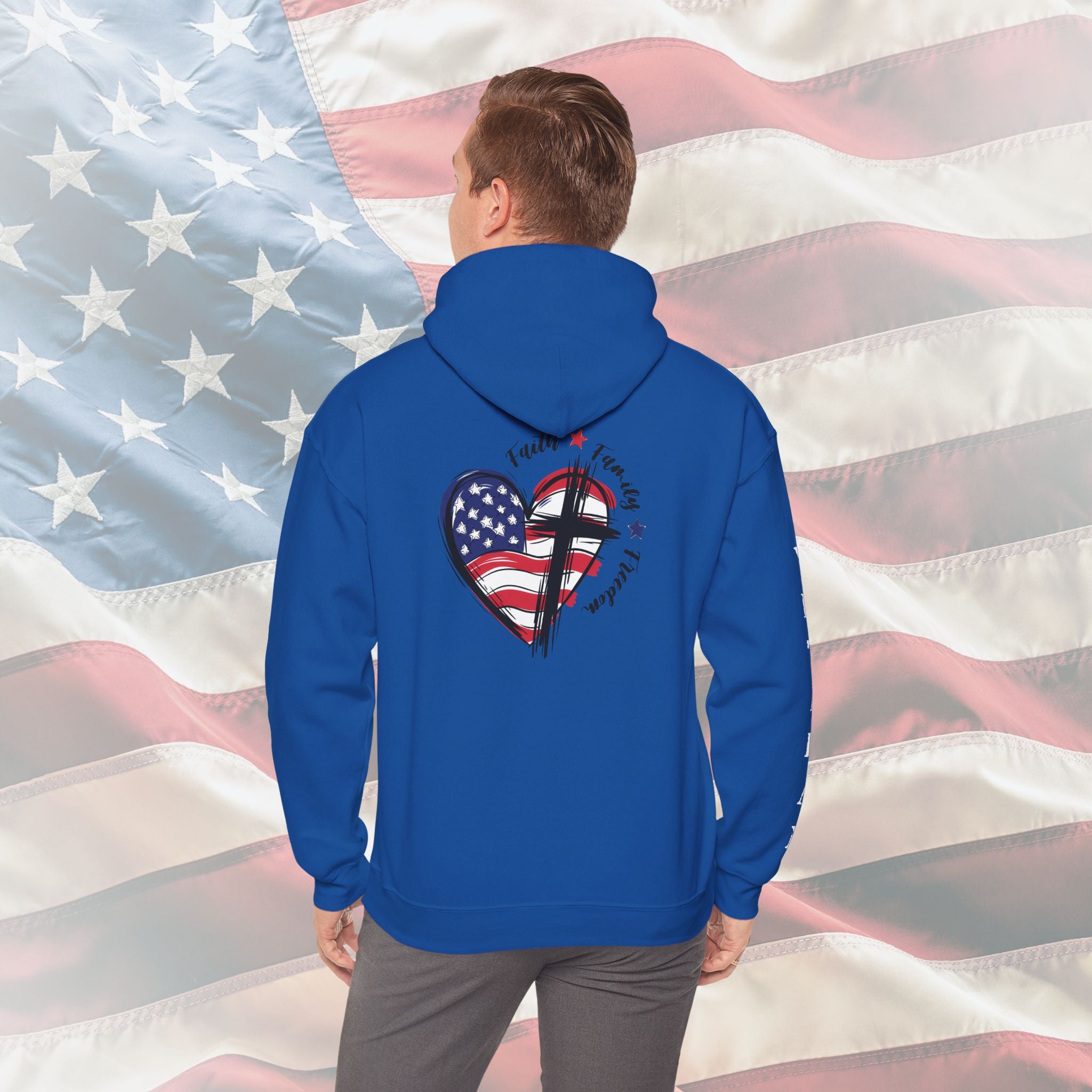 “Faith Family Freedom” Patriotic Cross and Flag Veteran Hoodie