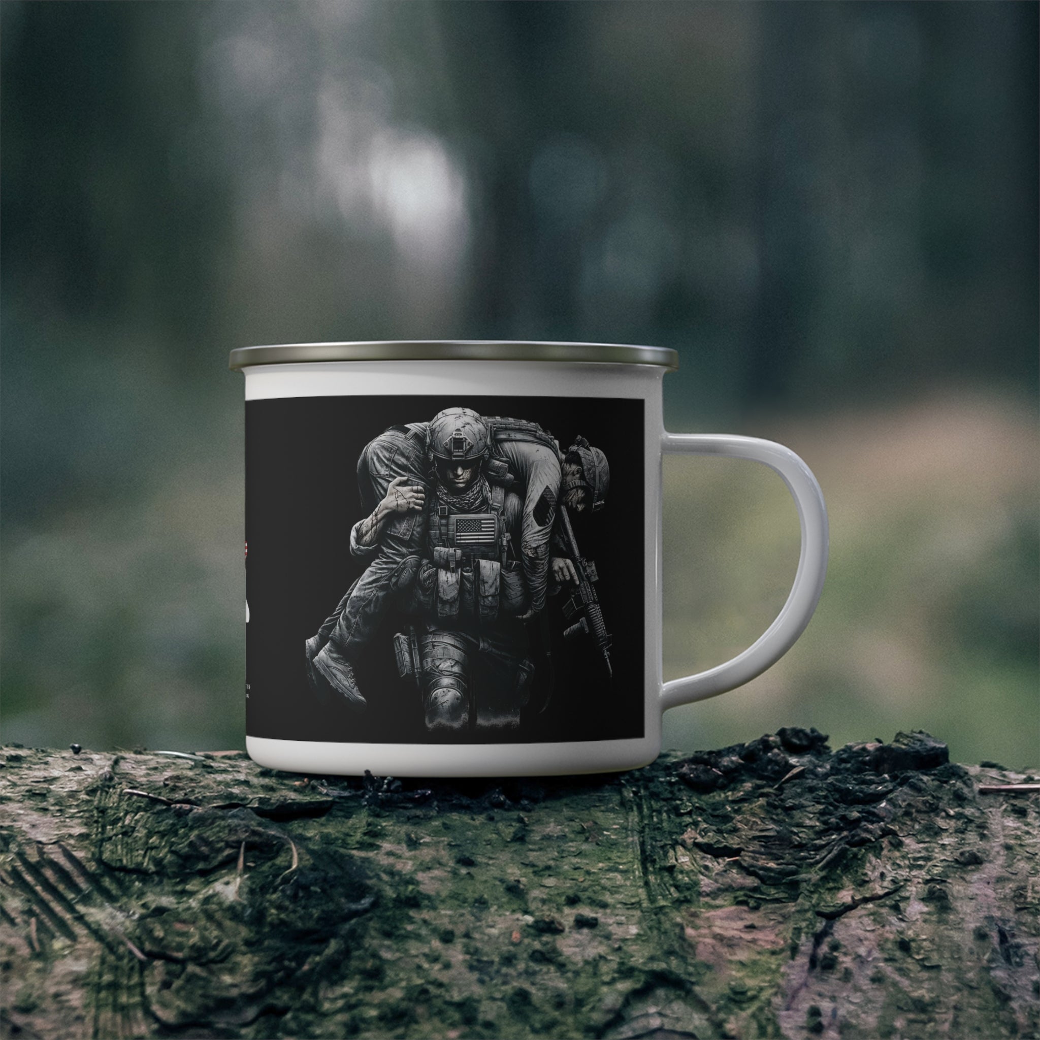 No Man Left Behind Coffee Cup – Gritty Soldier Tribute Enamel Mug