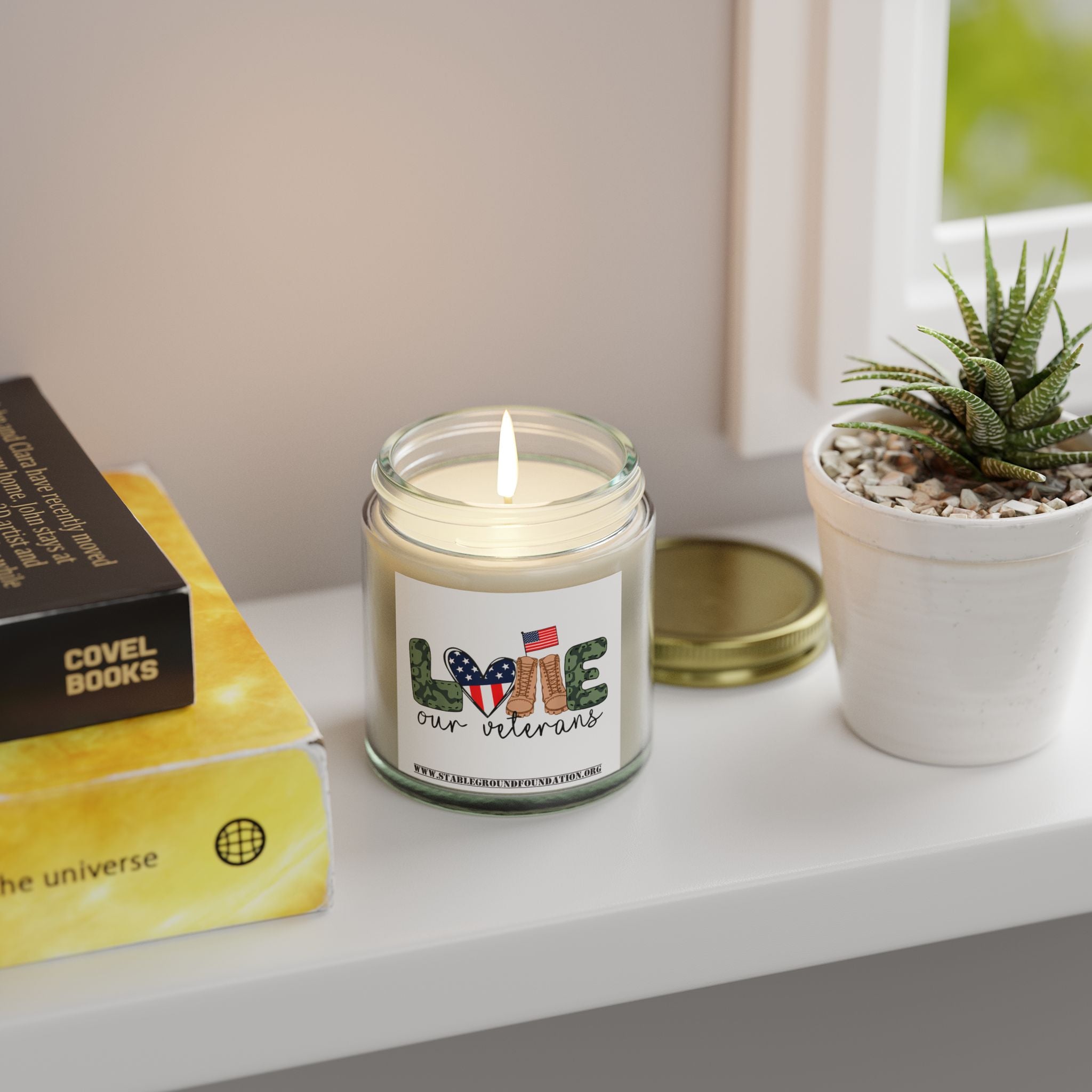 Love Our Veterans Candle – Patriotic Flag Heart and Camo Boots Tribute Candle