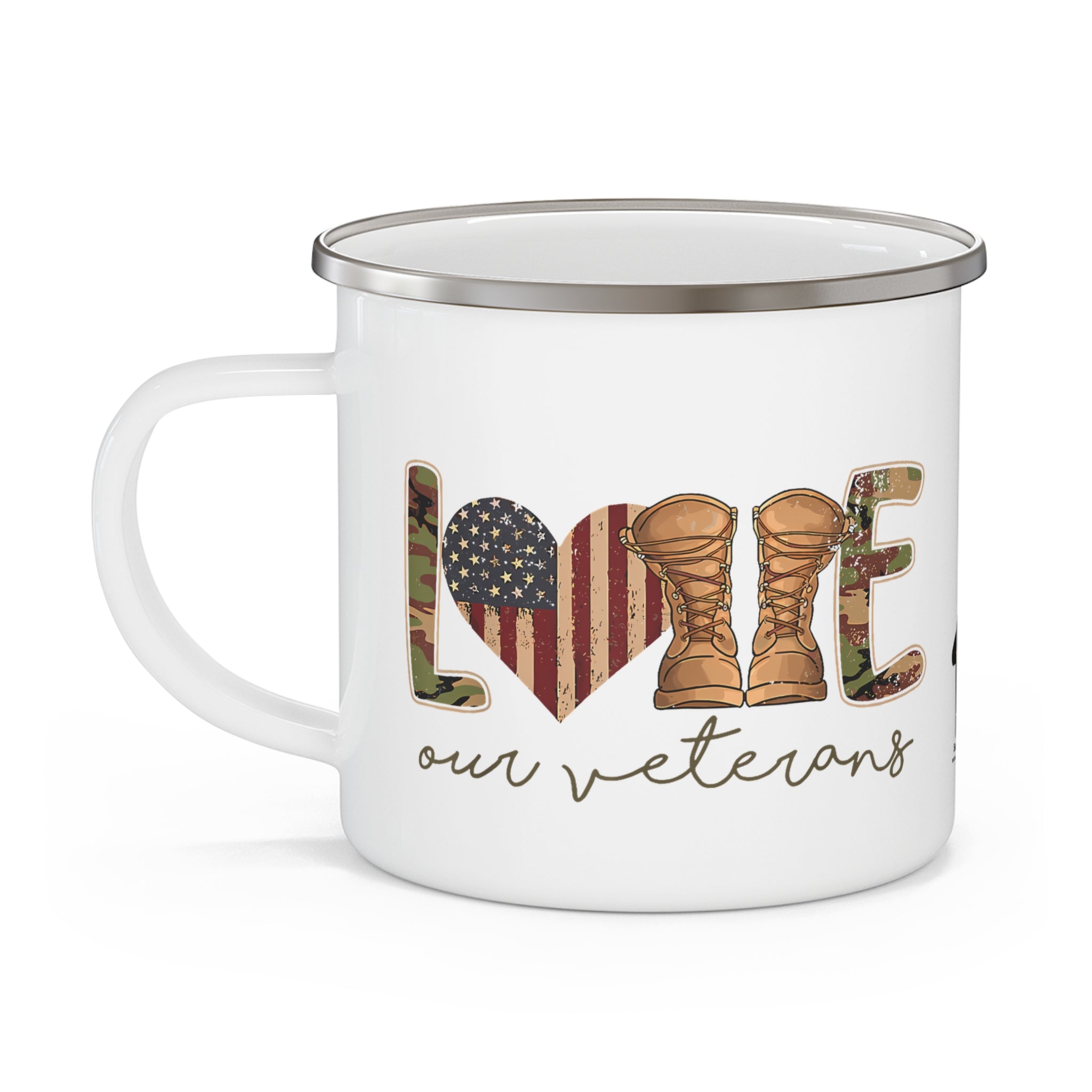 “Love Our Veterans” Enamel Mug with Rustic American Flag Heart and Combat Boots Design