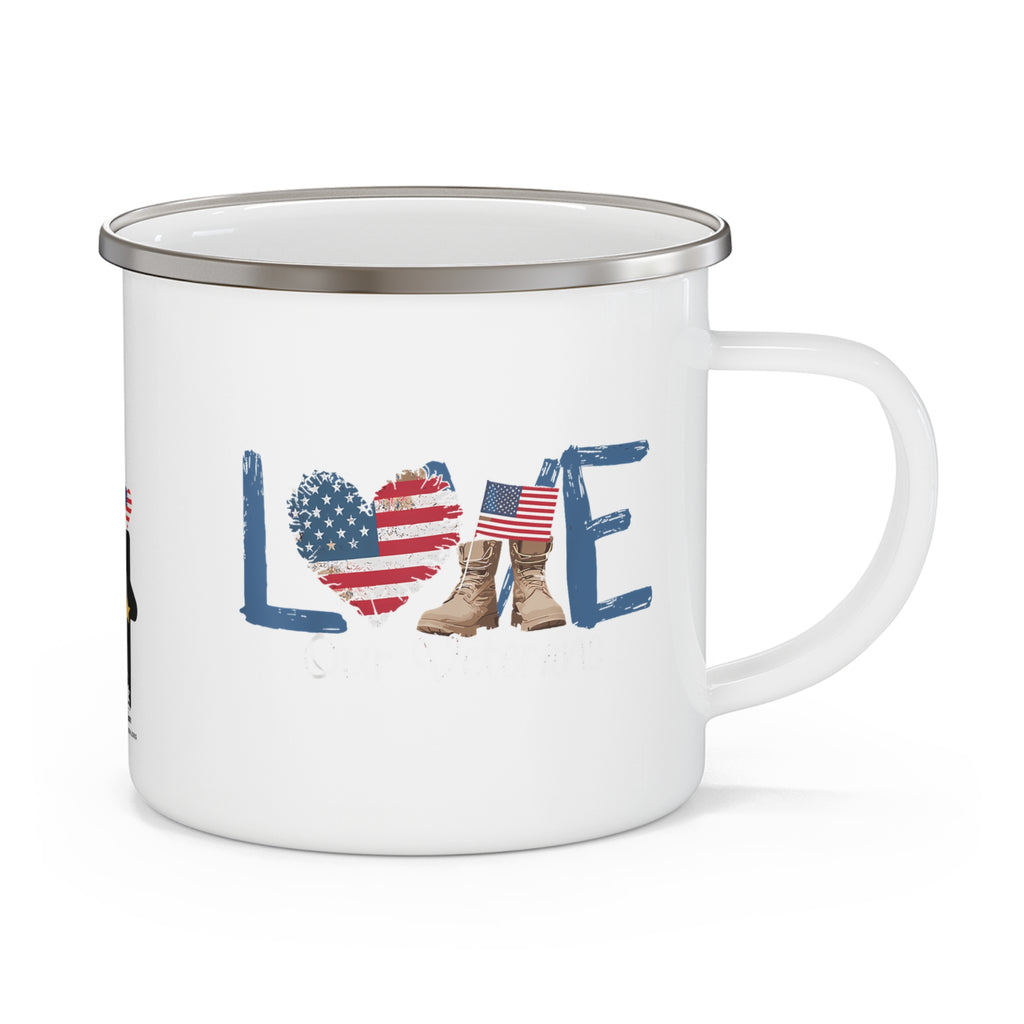 “LOVE” Enamel Mug with American Flag Heart and Combat Boots Design