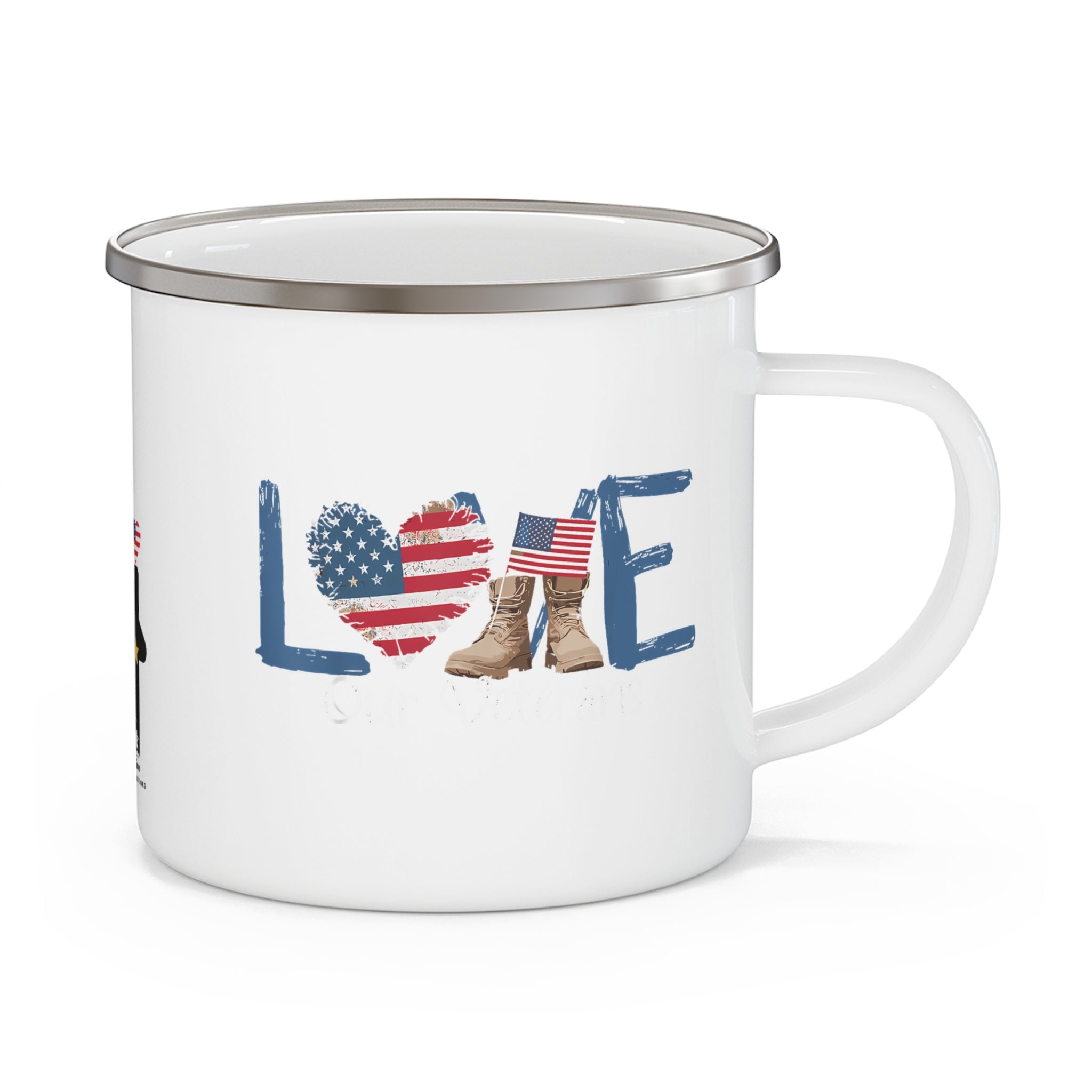 “LOVE” Enamel Mug with American Flag Heart and Combat Boots Design