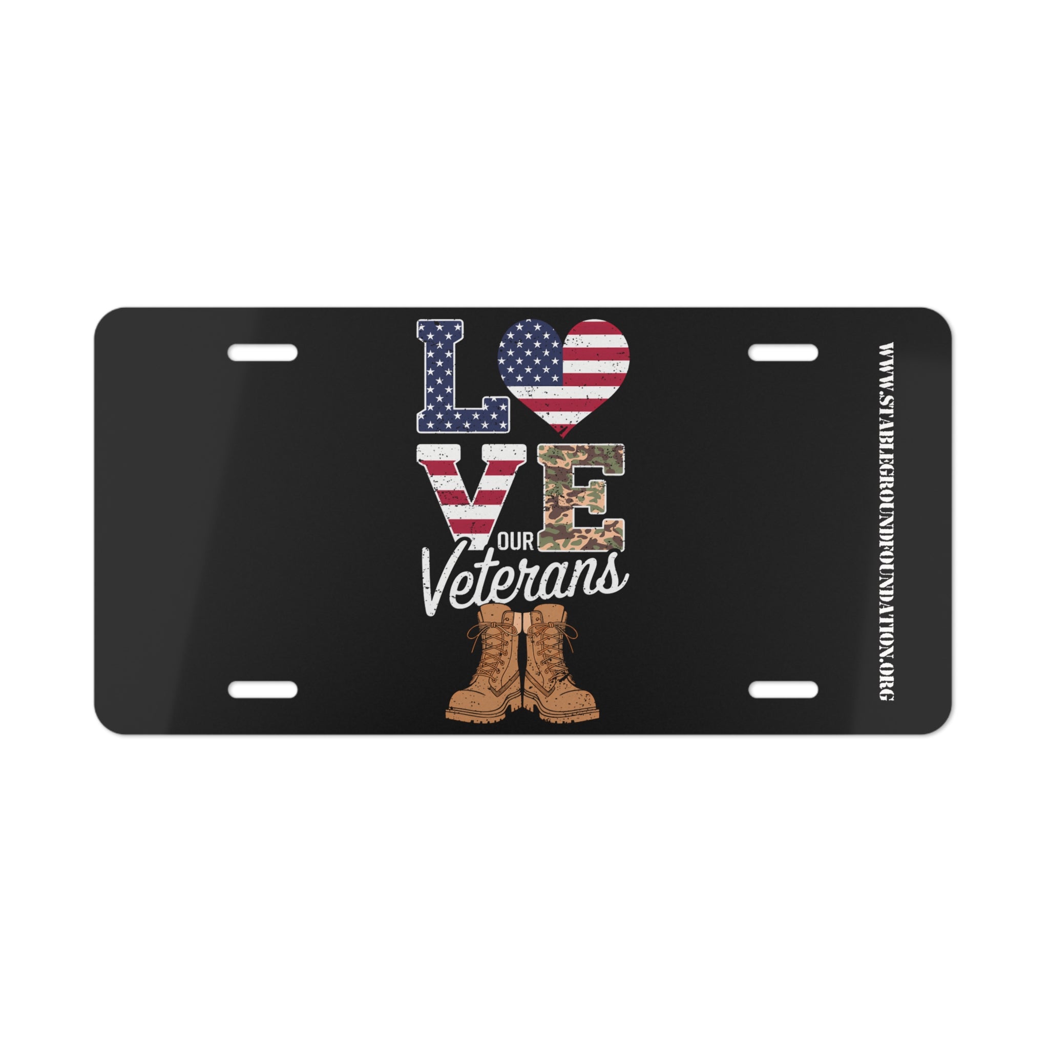 Love Our Veterans – Black License Plate with Combat Boots Tribute