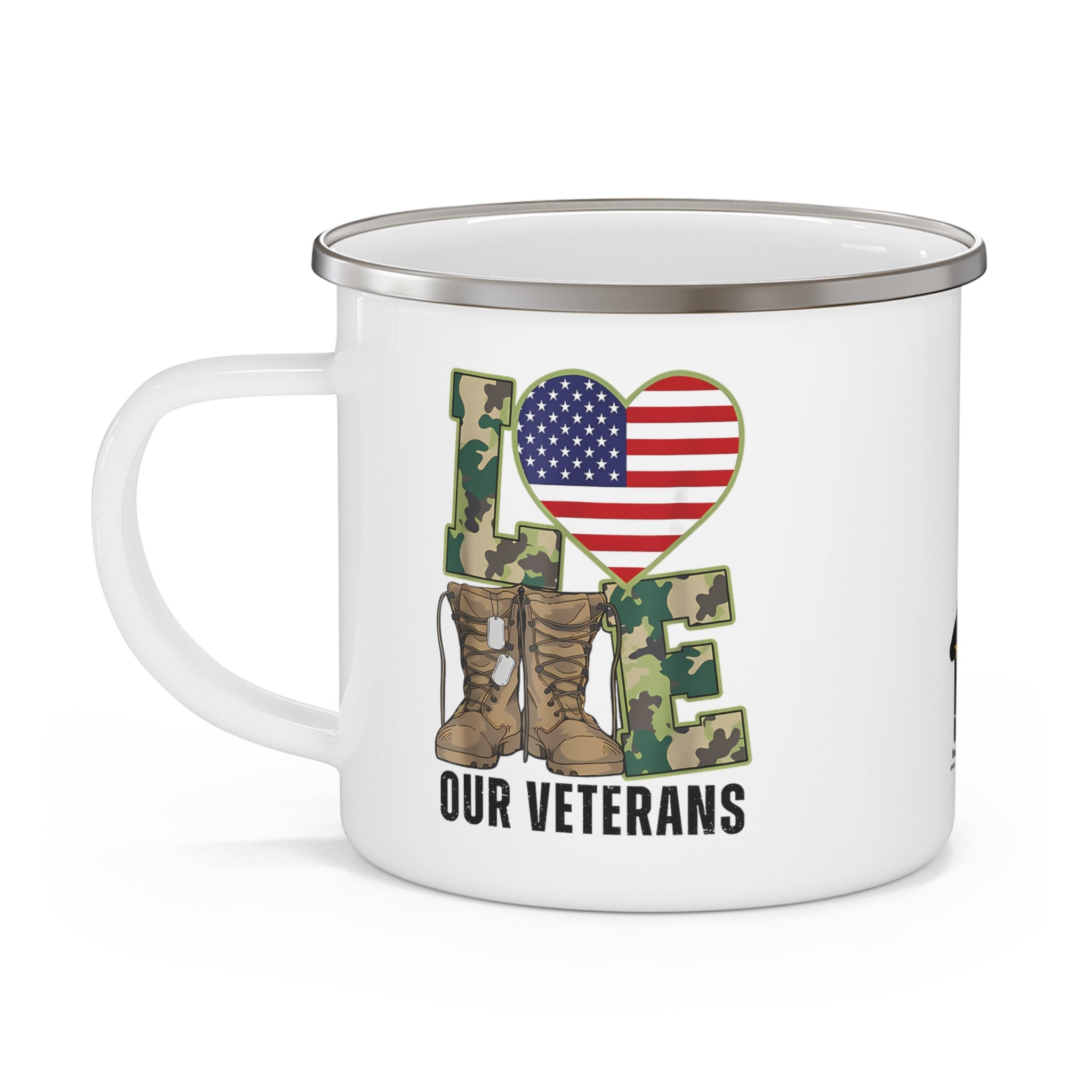 “Love Our Veterans” Enamel Mug with Camouflage Letters, Combat Boots, and American Flag Heart