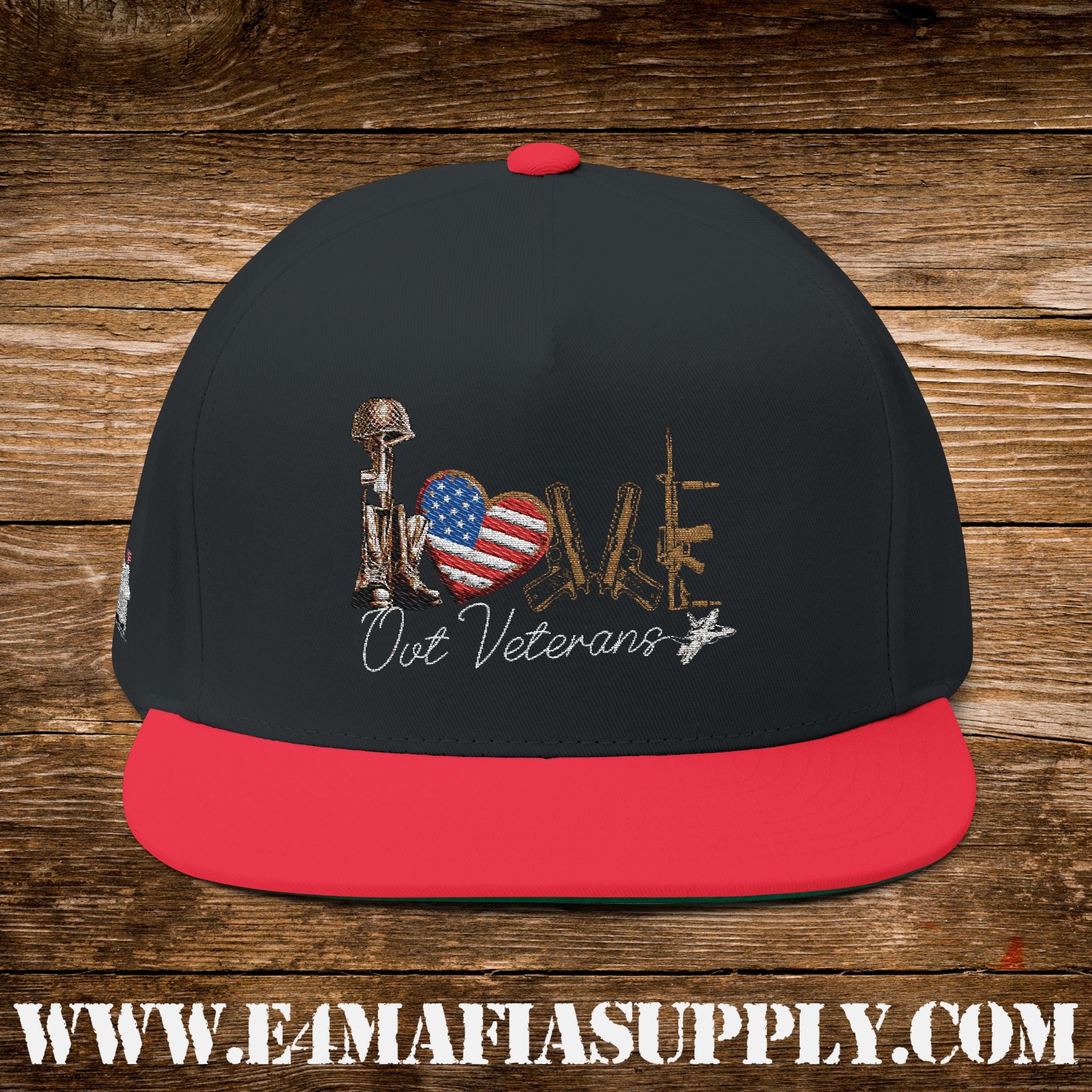 Patriotic “Love Our Veterans” Flat Bill Cap with American Flag Heart Design