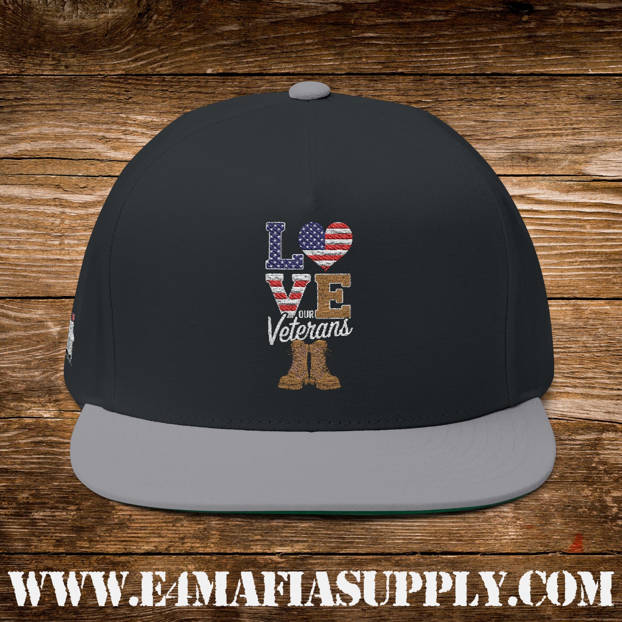 Patriotic “Love Veterans” Flat Bill Cap with American Flag Heart and Combat Boots