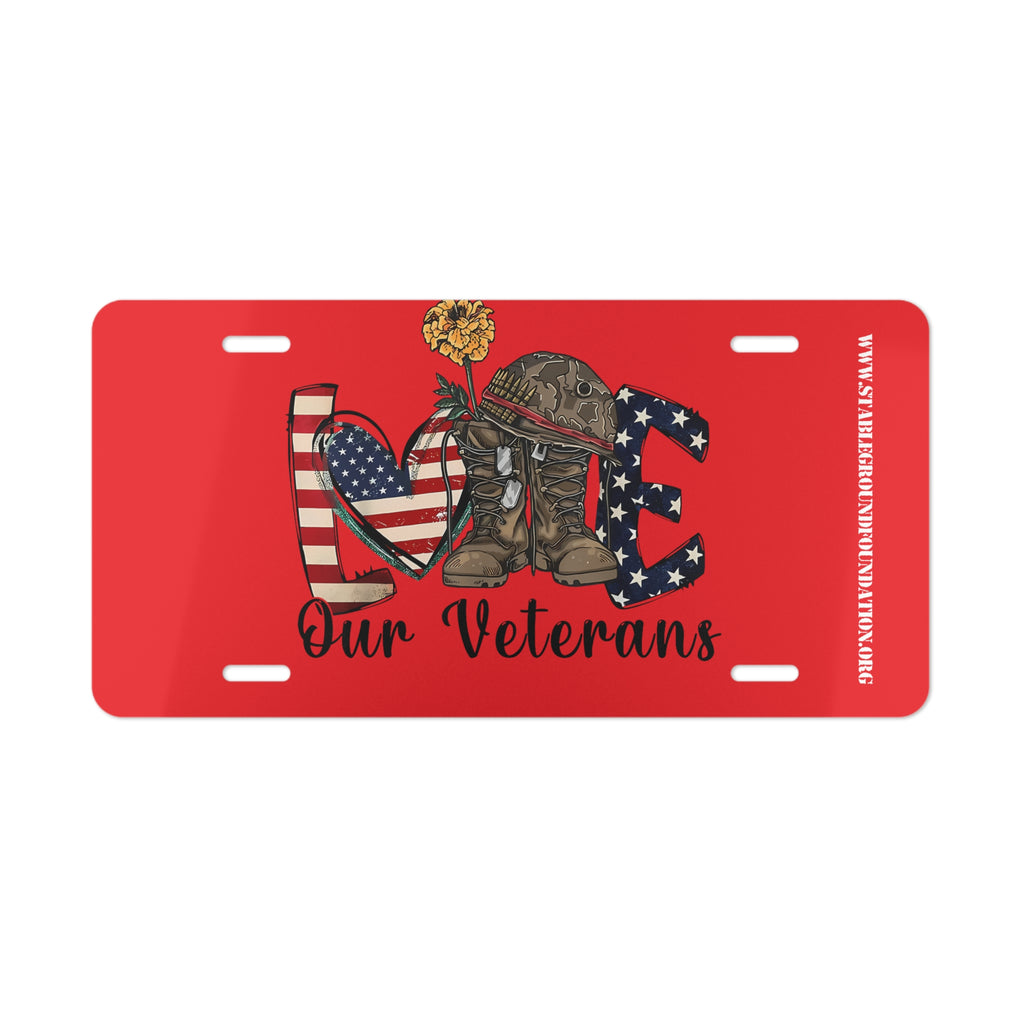 Love Our Veterans – Red Patriotic Boots & Flower License Plate