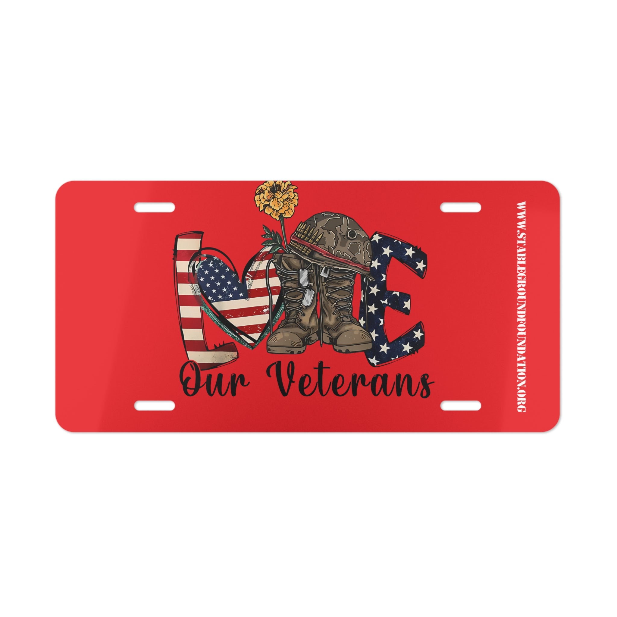 Love Our Veterans – Red Patriotic Boots & Flower License Plate