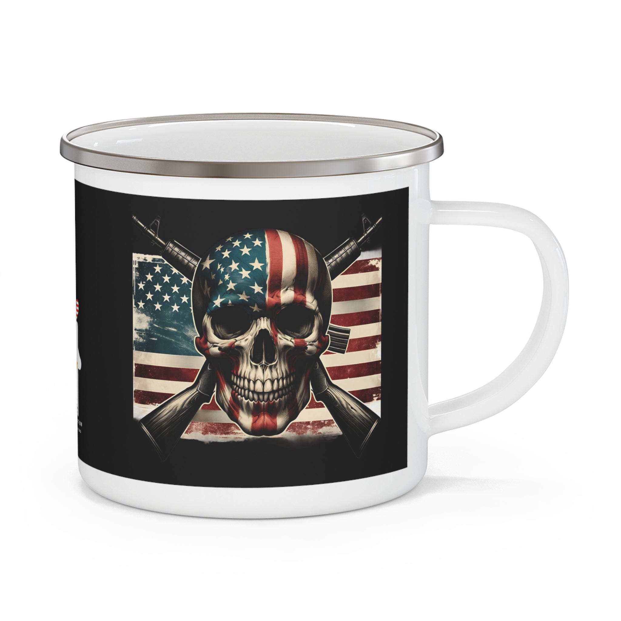 Patriotic Skull Coffee Cup – American Flag & Rifles Enamel Cup