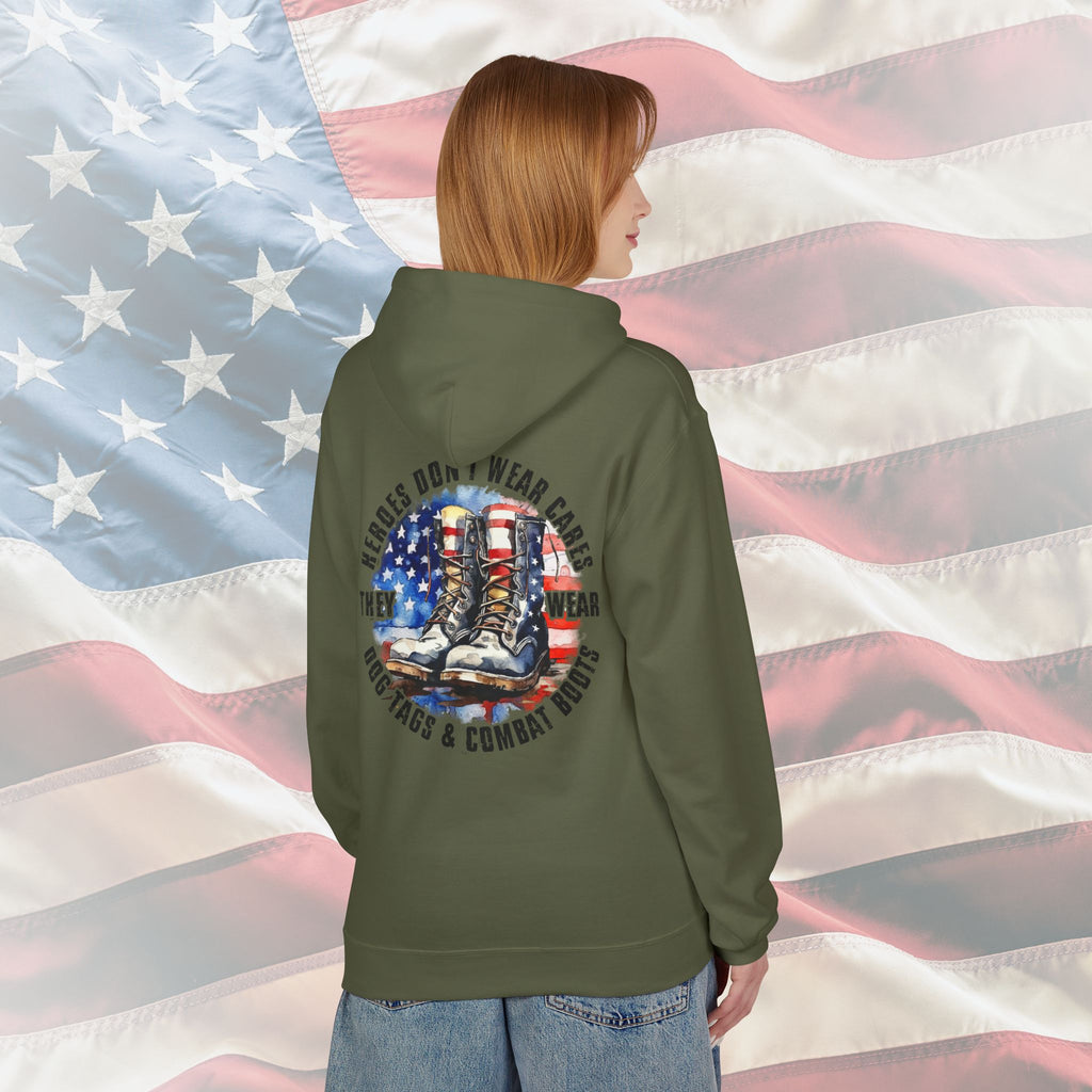 “Heroes Don’t Wear Capes – They Wear Dog Tags & Combat Boots” Patriotic Military Hoodie