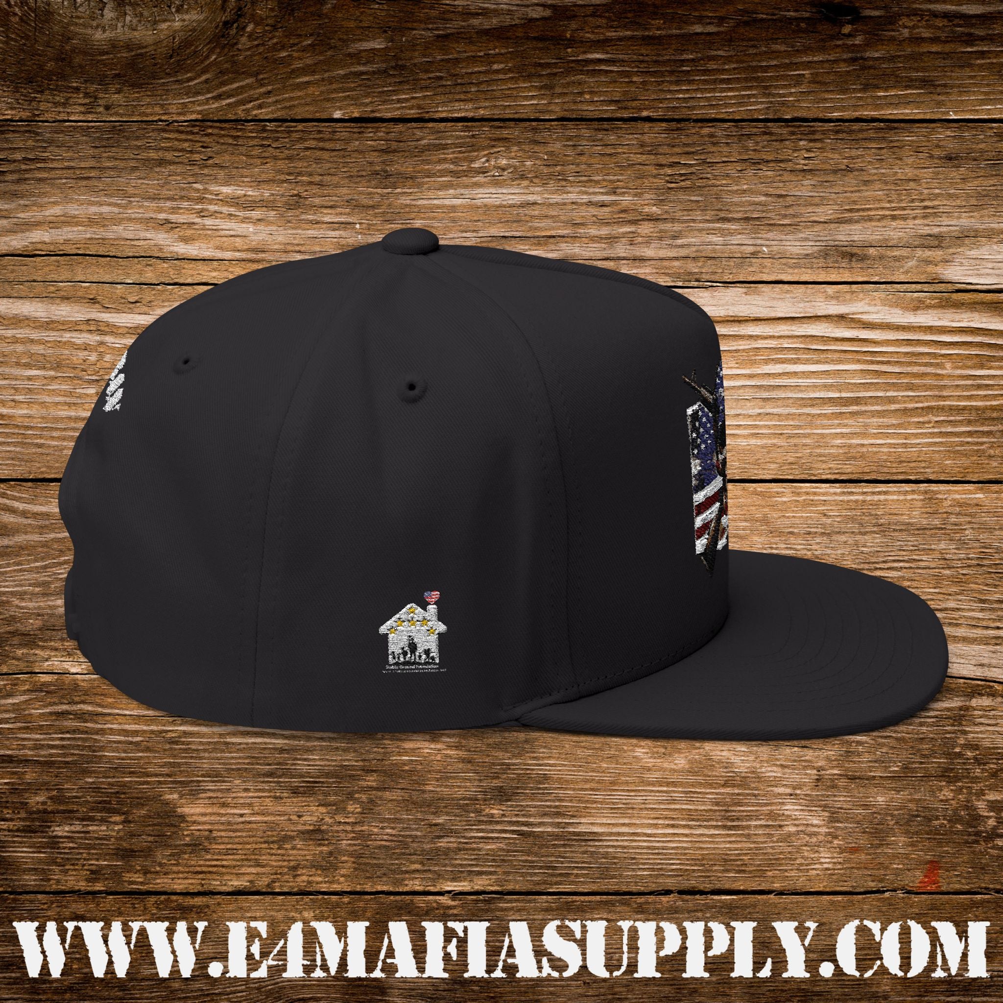 Patriotic Skull Flat Bill Cap with American Flag and Crossed Rifles