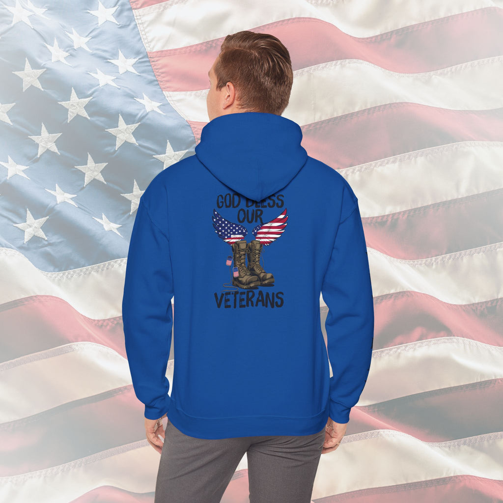 “God Bless Our Veterans” American Flag Boots Patriotic Veteran Sleeve Hoodie