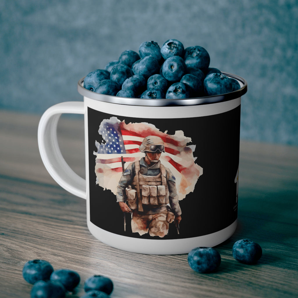 American Flag Soldier Coffee Cup – Patriotic Warrior Tribute Enamel Cup