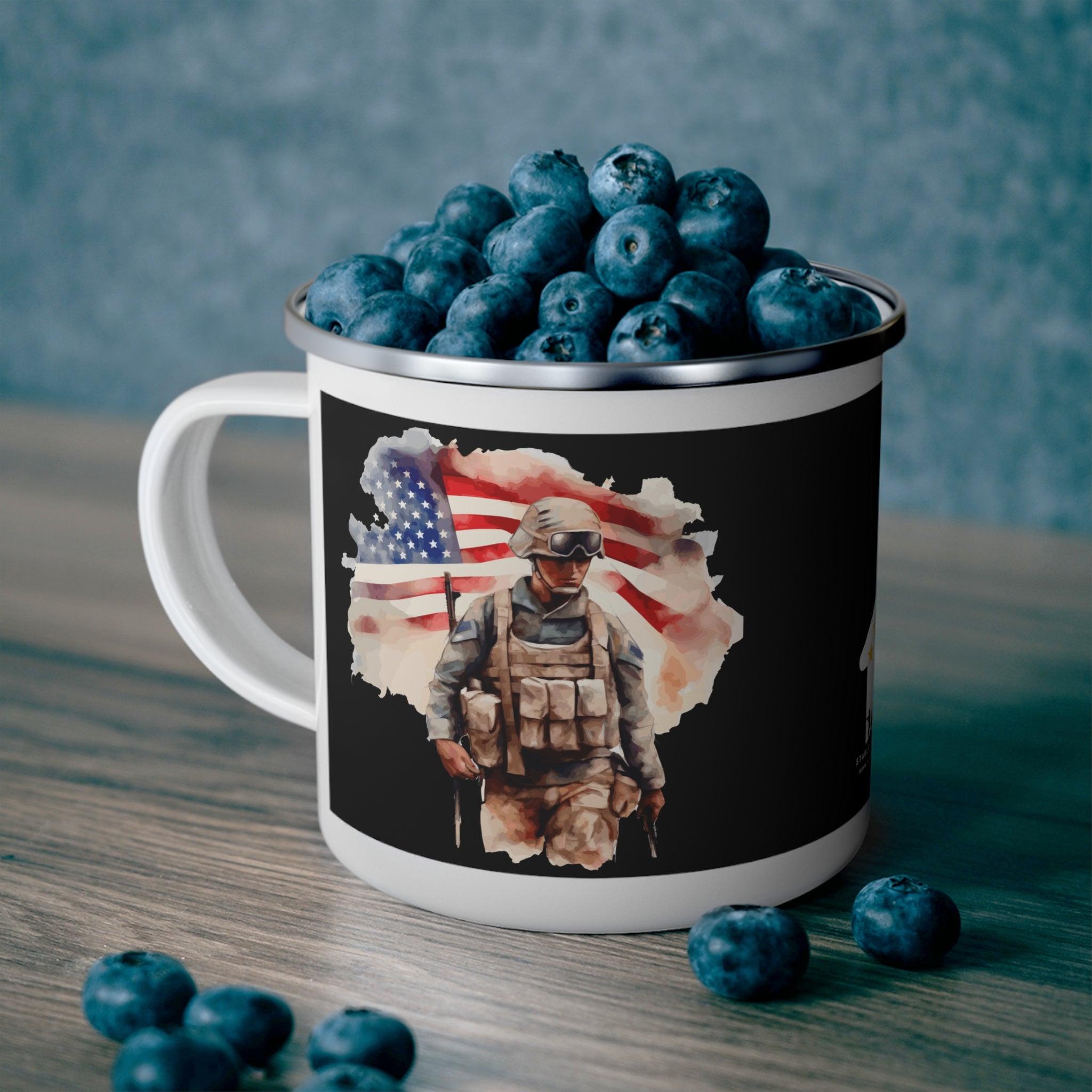 American Flag Soldier Coffee Cup – Patriotic Warrior Tribute Enamel Cup