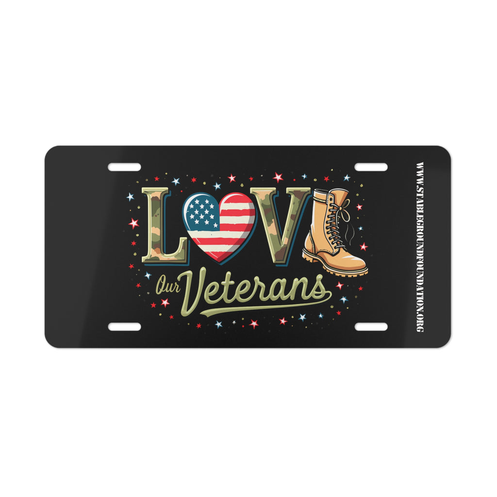 Love Our Veterans – Patriotic Black License Plate with Stars and Boots