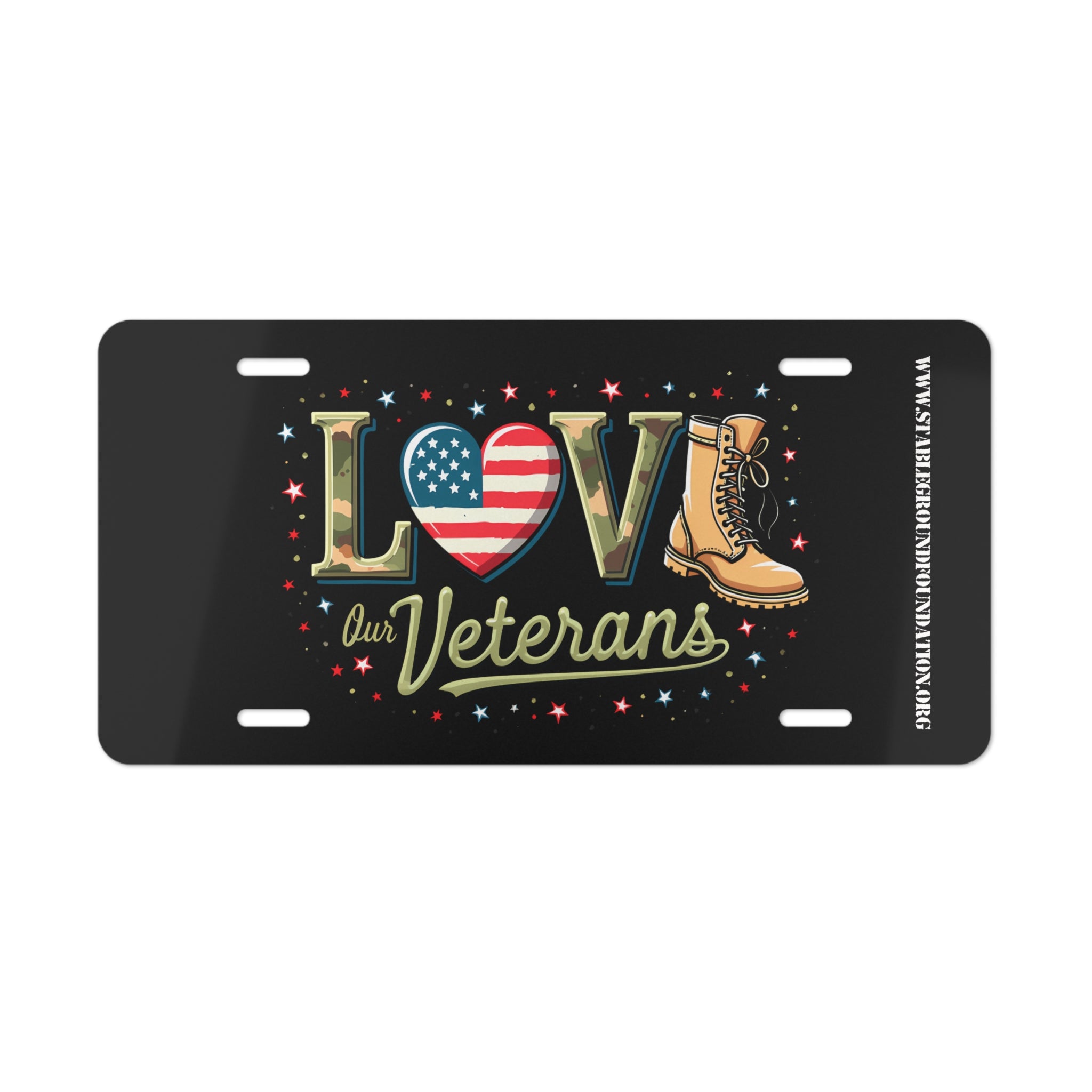 Love Our Veterans – Patriotic Black License Plate with Stars and Boots