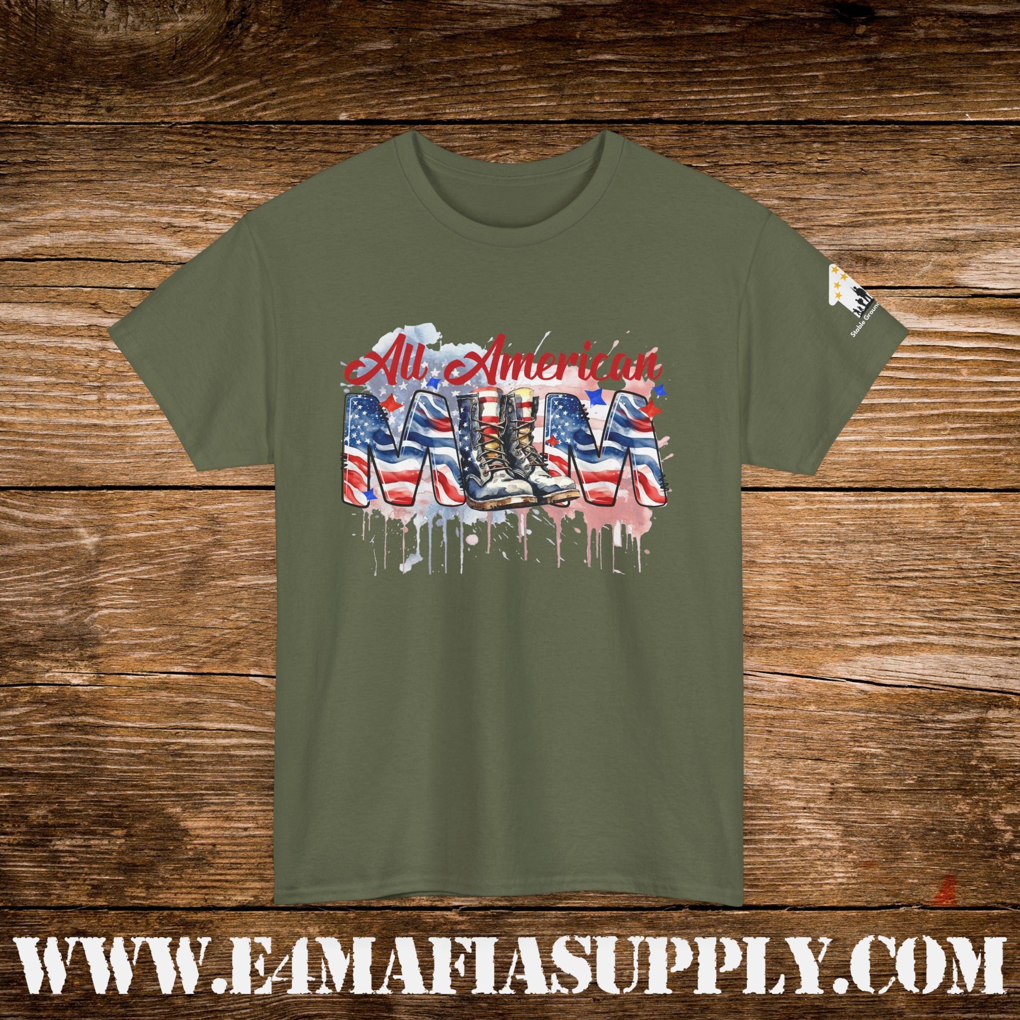 “All American Mom” – Patriotic Flag & Combat Boots T-Shirt
