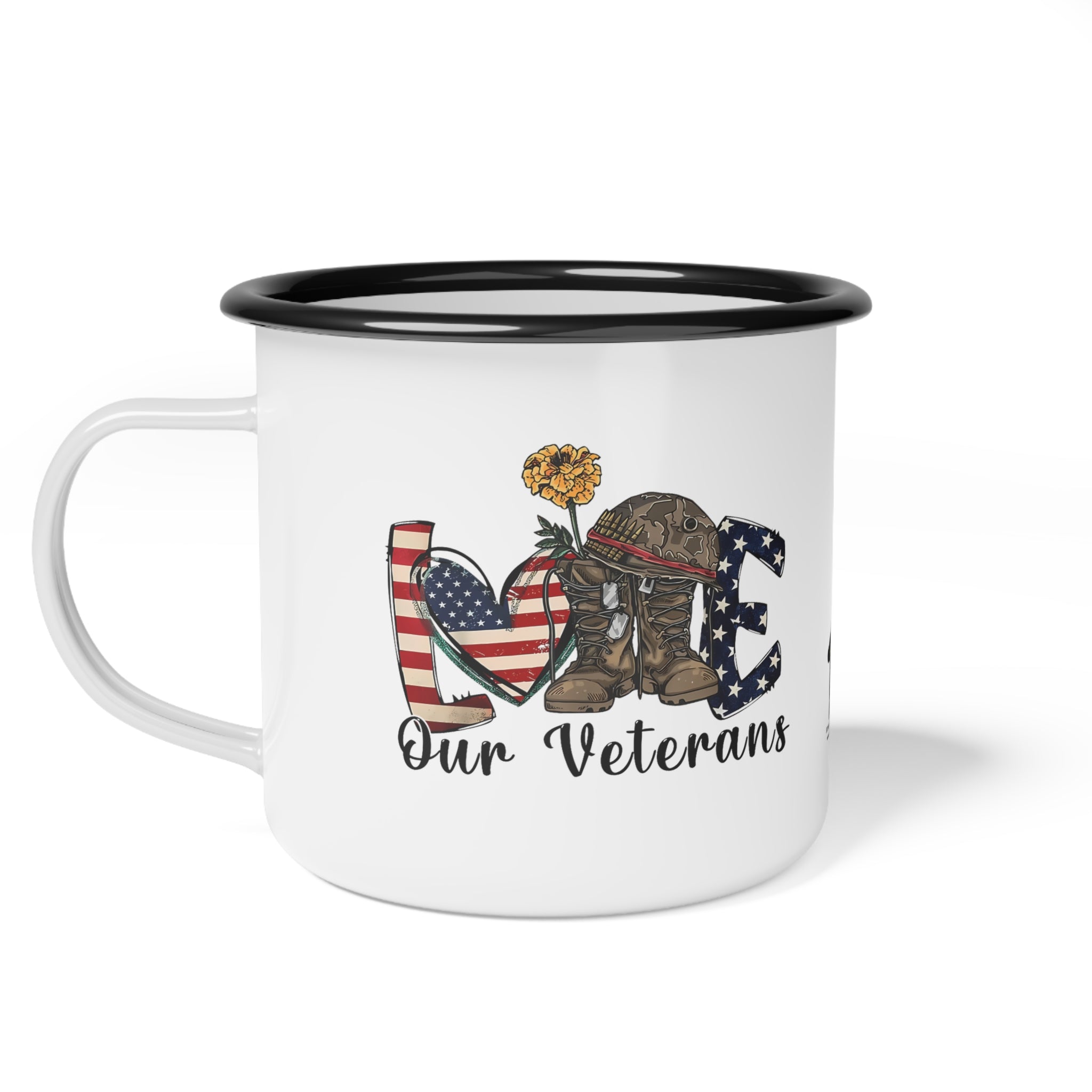 “Love Our Veterans” Enamel Mug with American Flag Heart, Helmet, and Yellow Flower Design